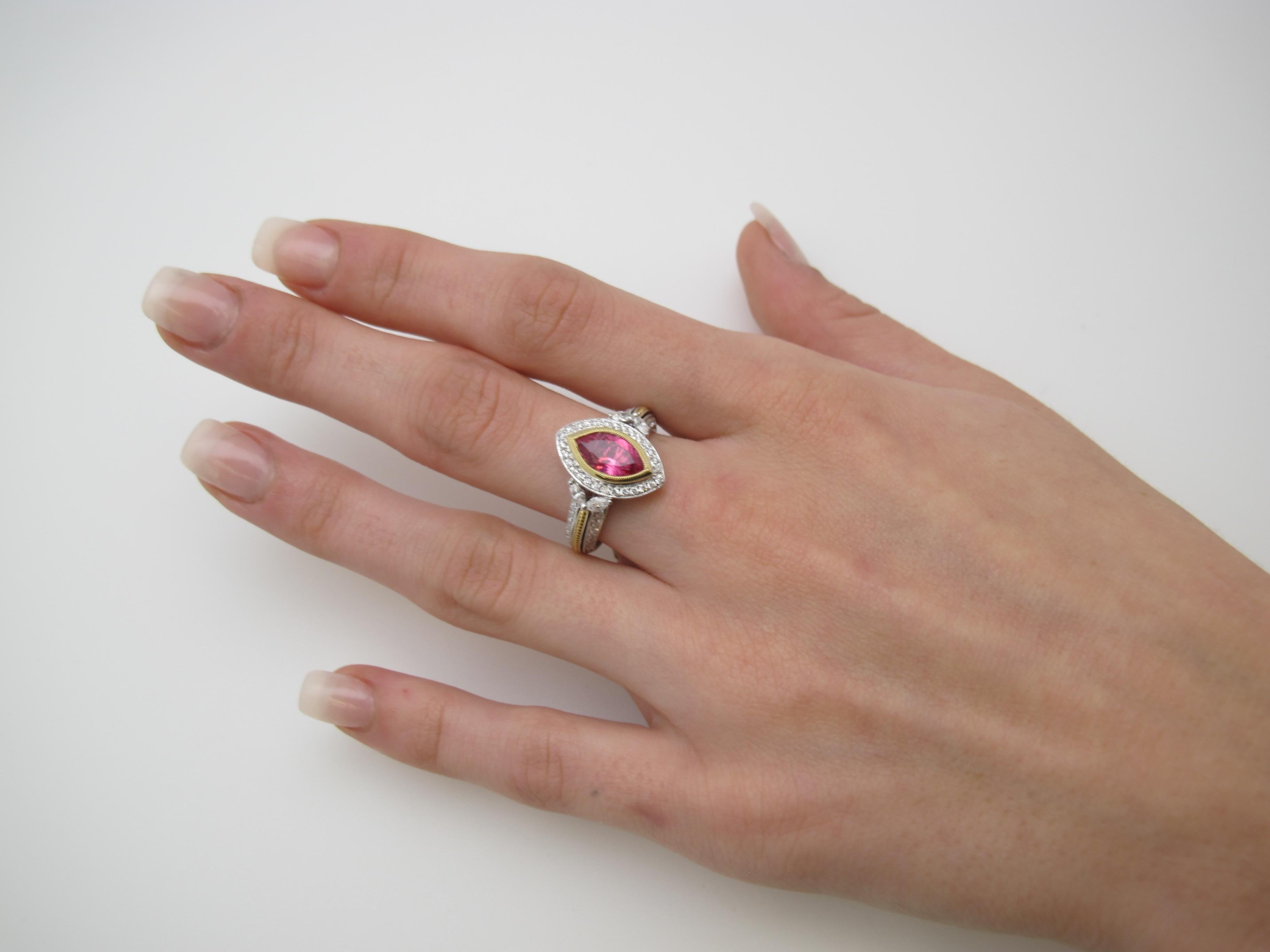 1.84 Carat Pink Spinel Marquise Diamond White Yellow Gold Cocktail Ring 2