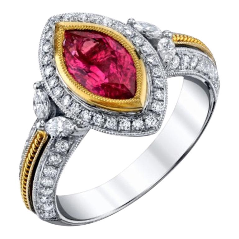 1.84 Carat Pink Spinel Marquise Diamond White Yellow Gold Cocktail Ring