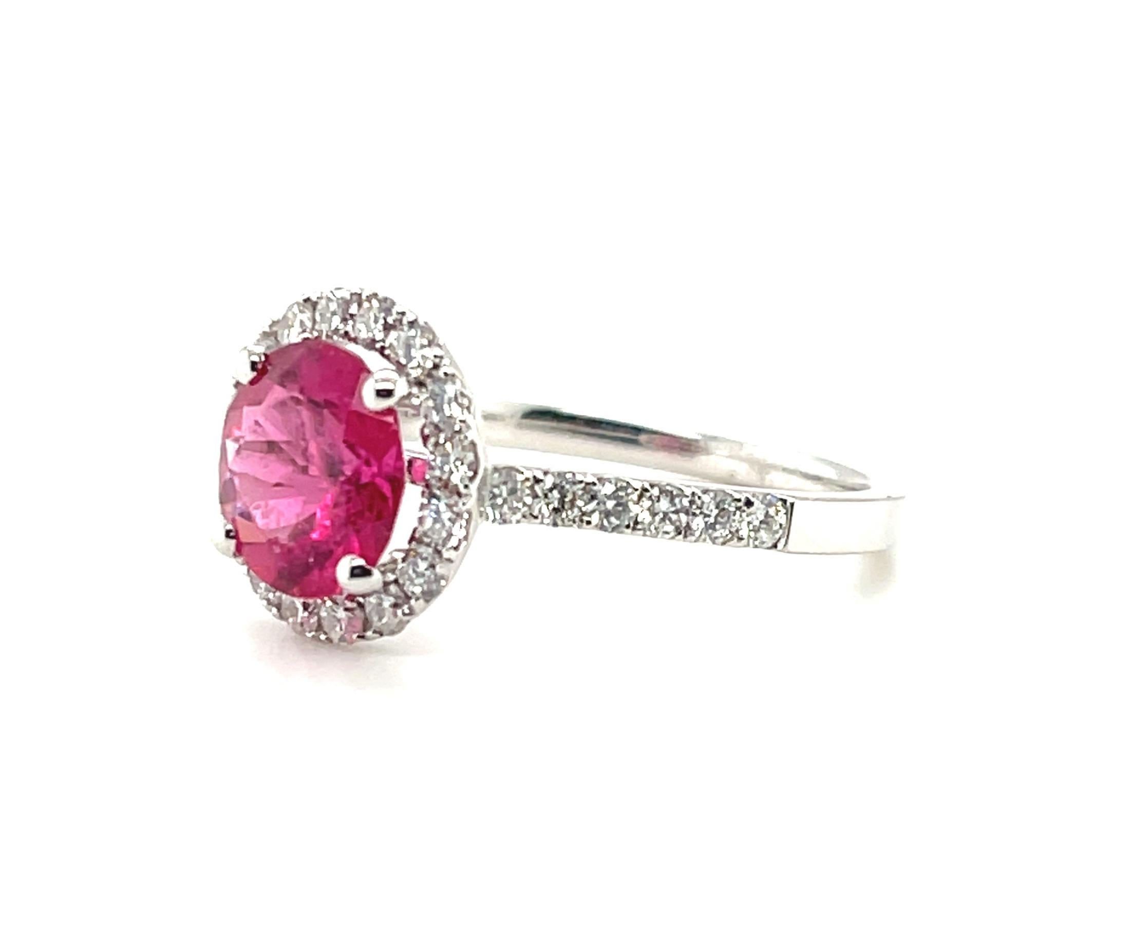 1.84 Carat Pink Tourmaline Round and Diamond Halo White Gold Cocktail Ring In New Condition In Los Angeles, CA