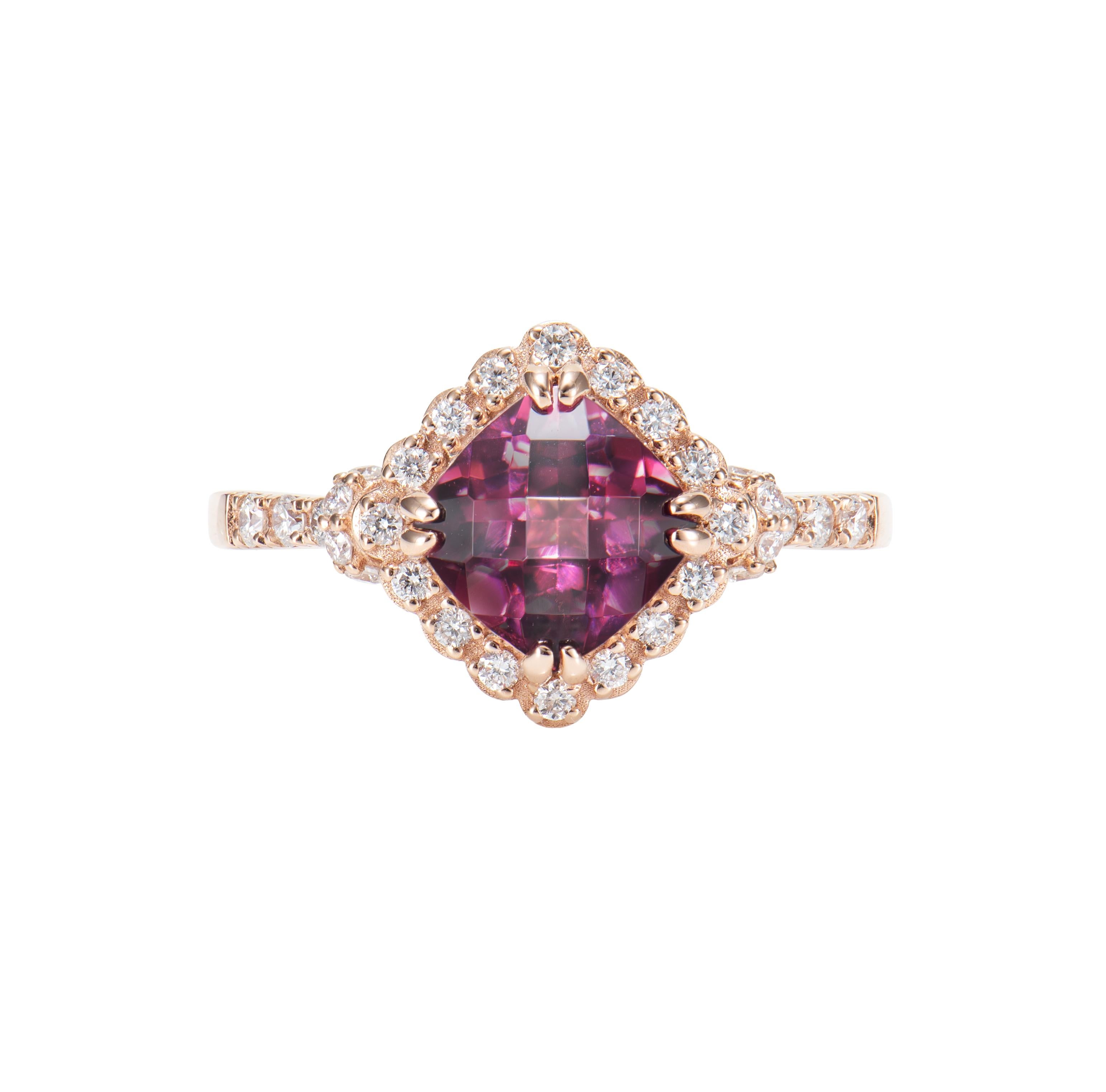 Contemporary 1.84 Carat Rhodolite Cocktail Ring in 18 Karat Rose Gold with Diamond. For Sale