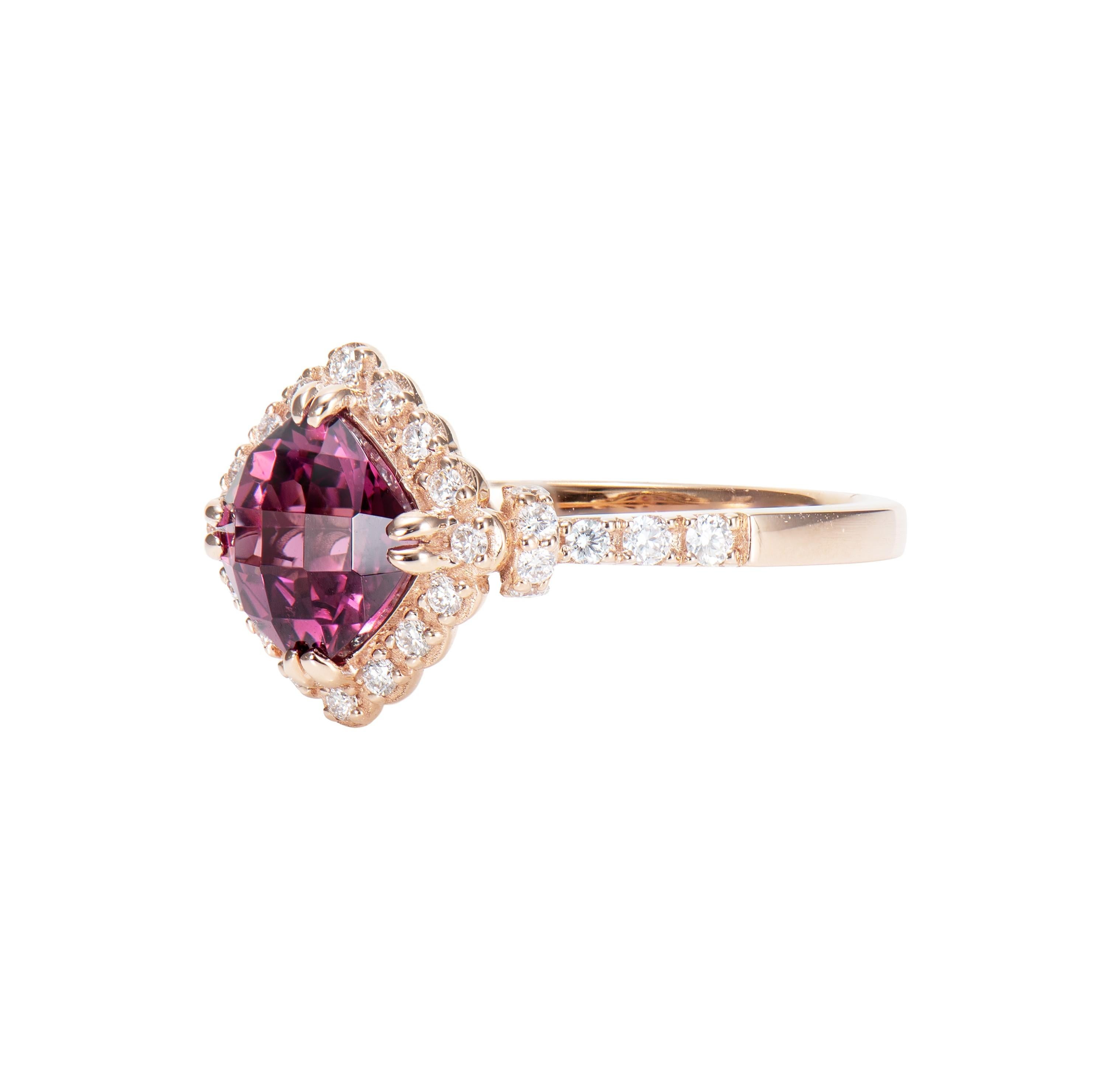 Cushion Cut 1.84 Carat Rhodolite Cocktail Ring in 18 Karat Rose Gold with Diamond. For Sale