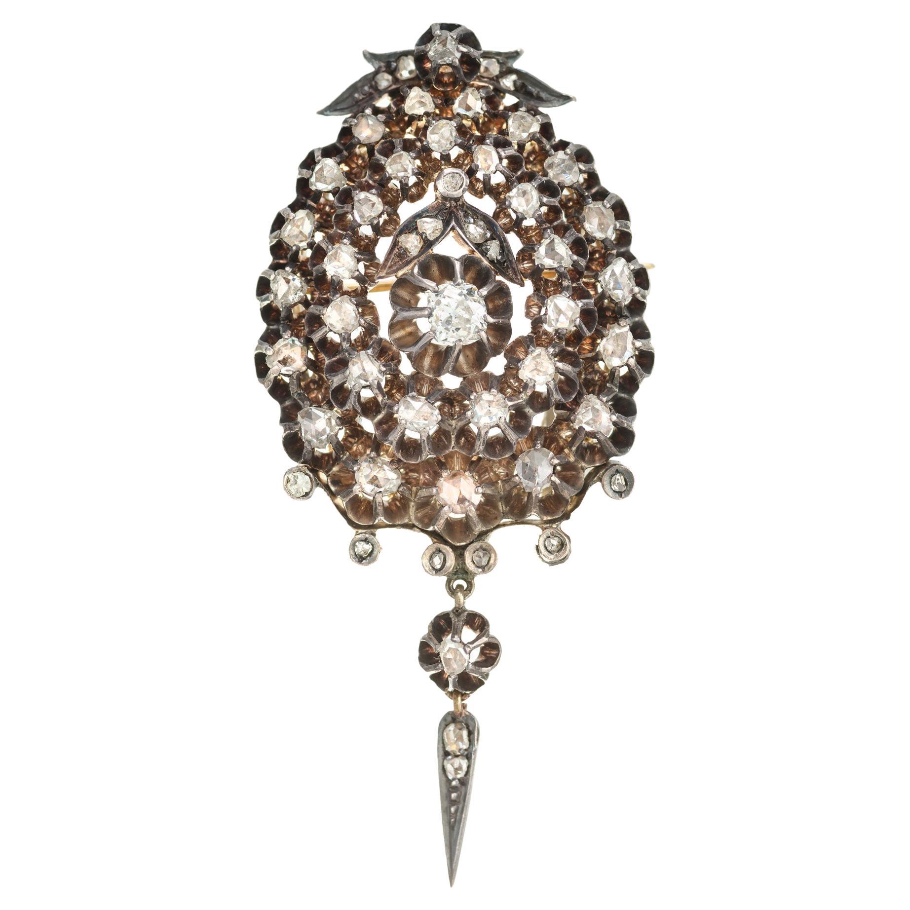 1.84 Carat Rose Cut Diamond Silver Gold Victorian Brooch Pendant For Sale