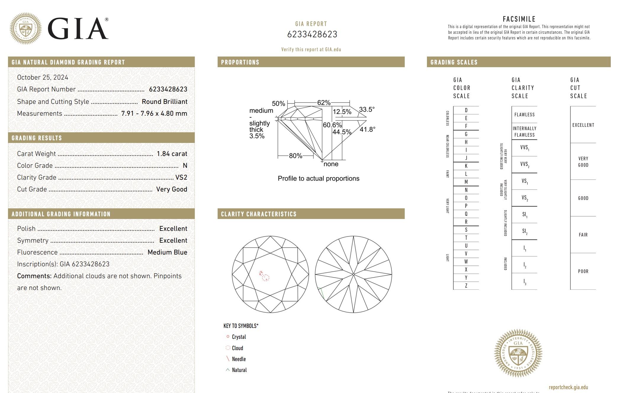 1.84 Carat Round Brilliant Diamond Ring GIA Certified in Platinum Diamond Ring For Sale 2