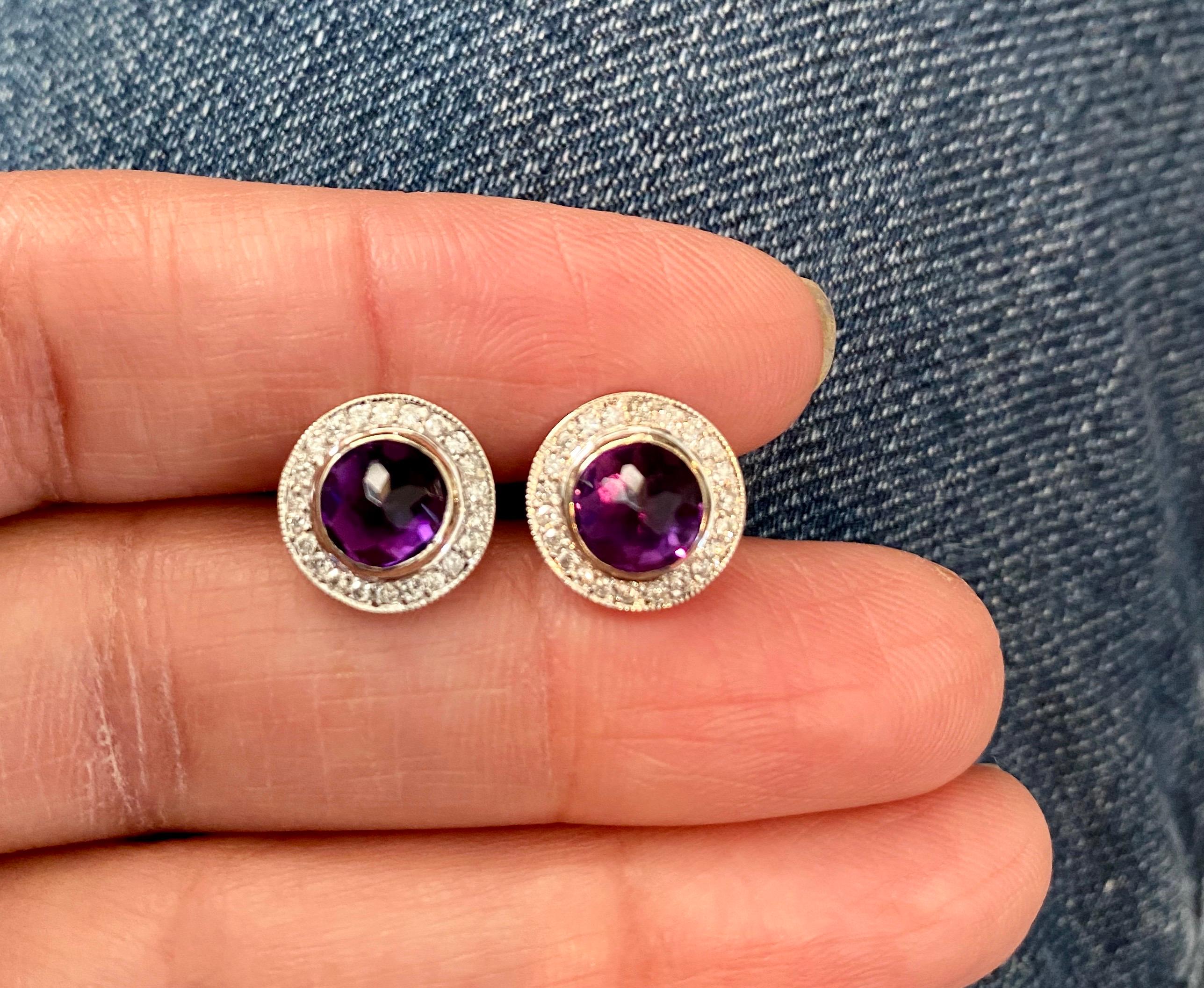 1.84 Carat Round Cut Amethyst Diamond 14 Karat White Gold Earring Studs In New Condition In Los Angeles, CA