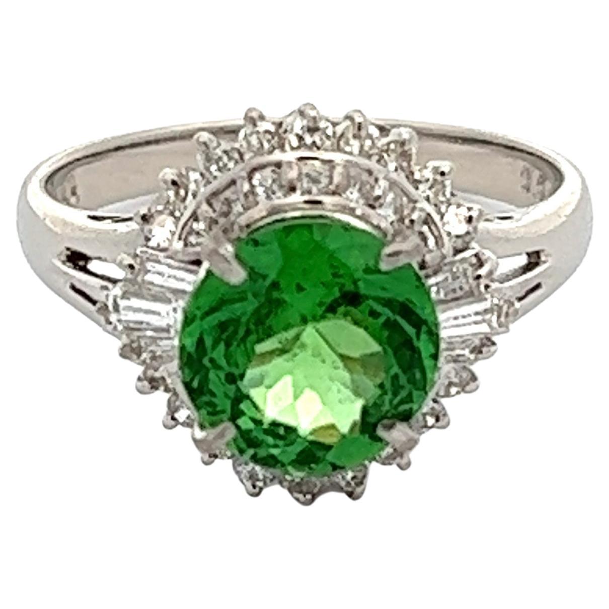 1.84 Carat Round Tsavorite Garnet and Diamond Platinum Ring For Sale