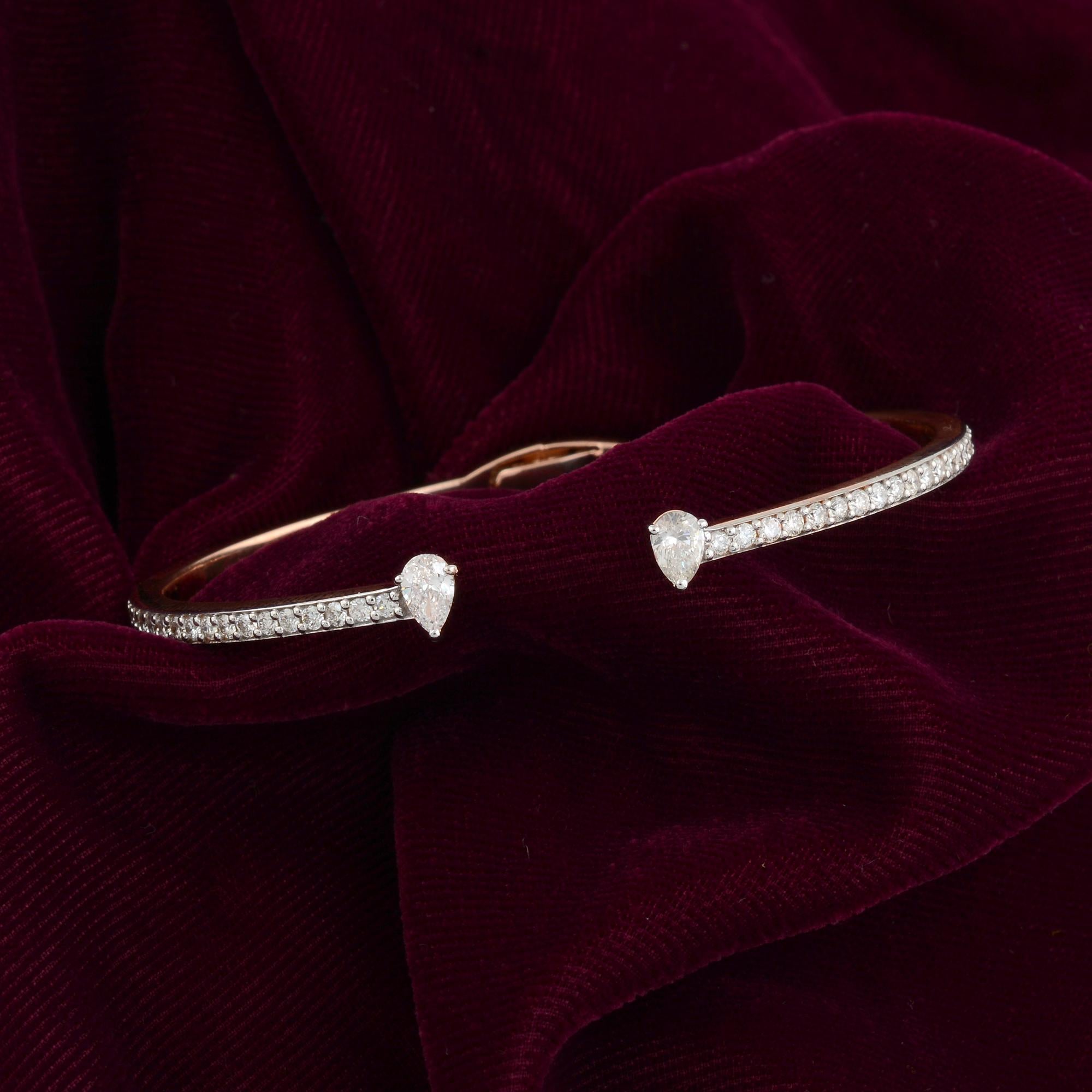 Pear Cut 1.84 Carat SI/HI Pear Round Diamond Cuff Bangle Bracelet 18 Karat Rose Gold For Sale