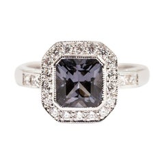 1.84 Carat Square Cut Bright Grey Spinel and Diamond 18 Carat Gold Halo Ring