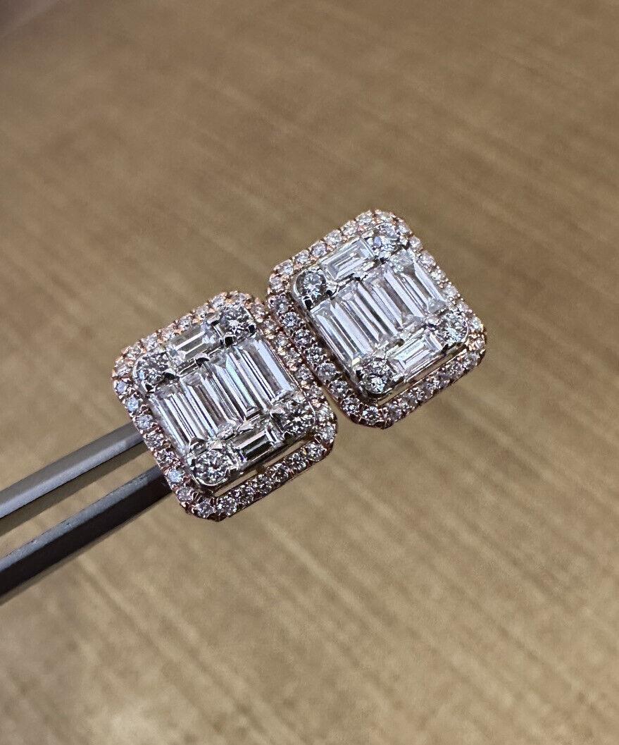 Illusion set Diamond Button Earrings in 14k Rose Gold

Diamond Drop Earrings feature Baguette and Round Brilliant Diamonds illusion set in a rectangle shapes surrounded with an additional row of Pavé Round Brilliant Diamonds, all set in 14k Rose