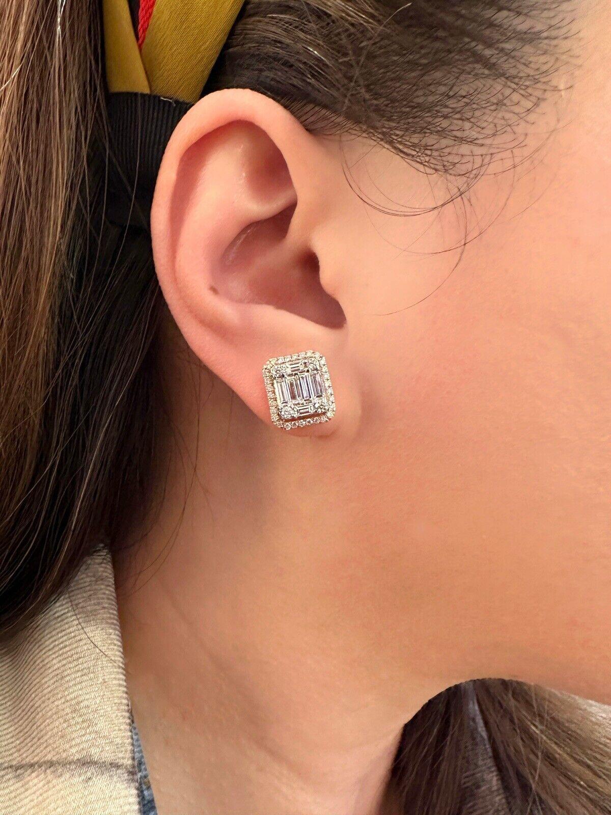 Baguette Cut 1.84 carat total Illusion set Diamond Button Earrings in 14k Rose Gold For Sale
