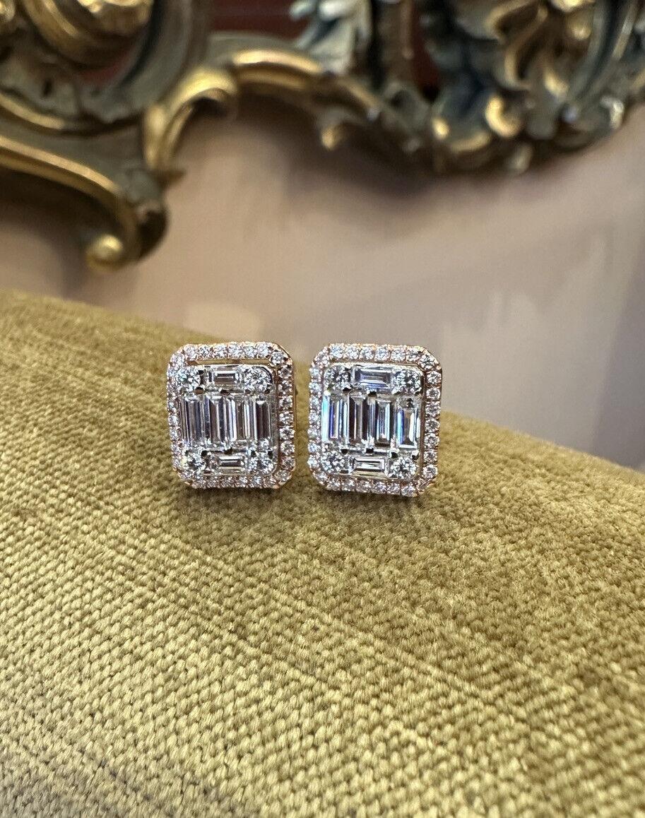 1,84 Karat insgesamt Illusion gefasste Diamant-Ohrringe mit Knopfleiste aus 14k Roségold für Damen oder Herren im Angebot