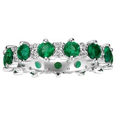 Vintage 1.84 Carats Emerald and Diamond Eternity Band Ring in 18K White Gold 