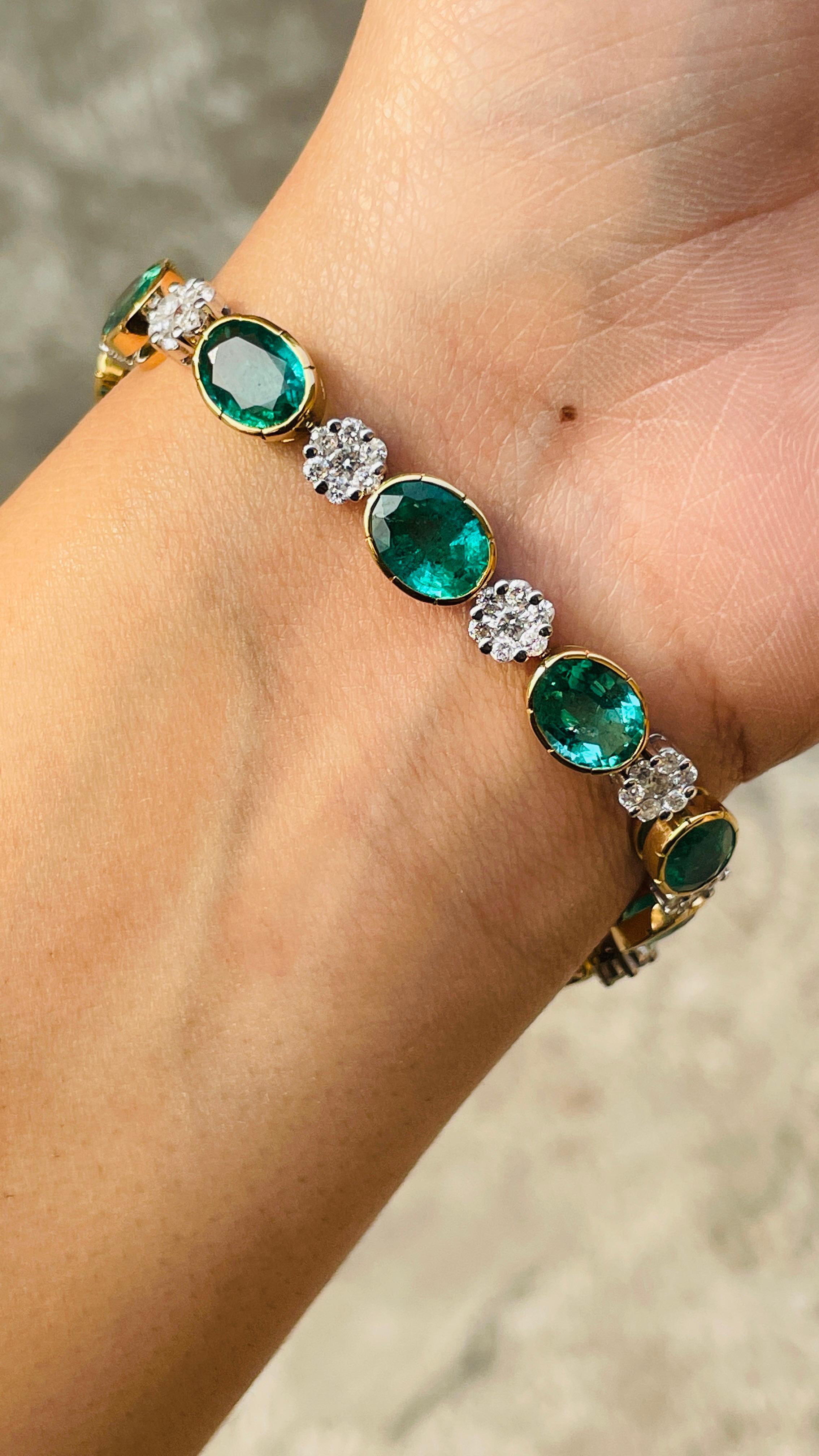 Emerald bracelet in 18K Gold. It has a perfect oval cut gemstone studded with diamonds to make you stand out on any occasion or an event. 
A tennis bracelet is an essential piece of jewelry when it comes to your wedding day. The sleek and elegant