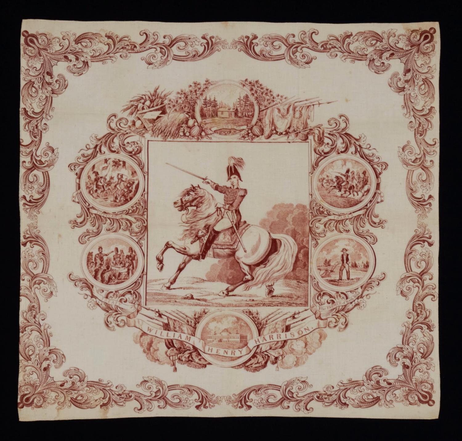 foulard de campagne de 1840 représentant William Henry Harrison à cheval en tenue militaire, l'un des premiers textiles de campagne connus au début de l'Amérique

Imprimé à l'encre rouge mûre sur du coton blanc, l'image centrale de ce foulard