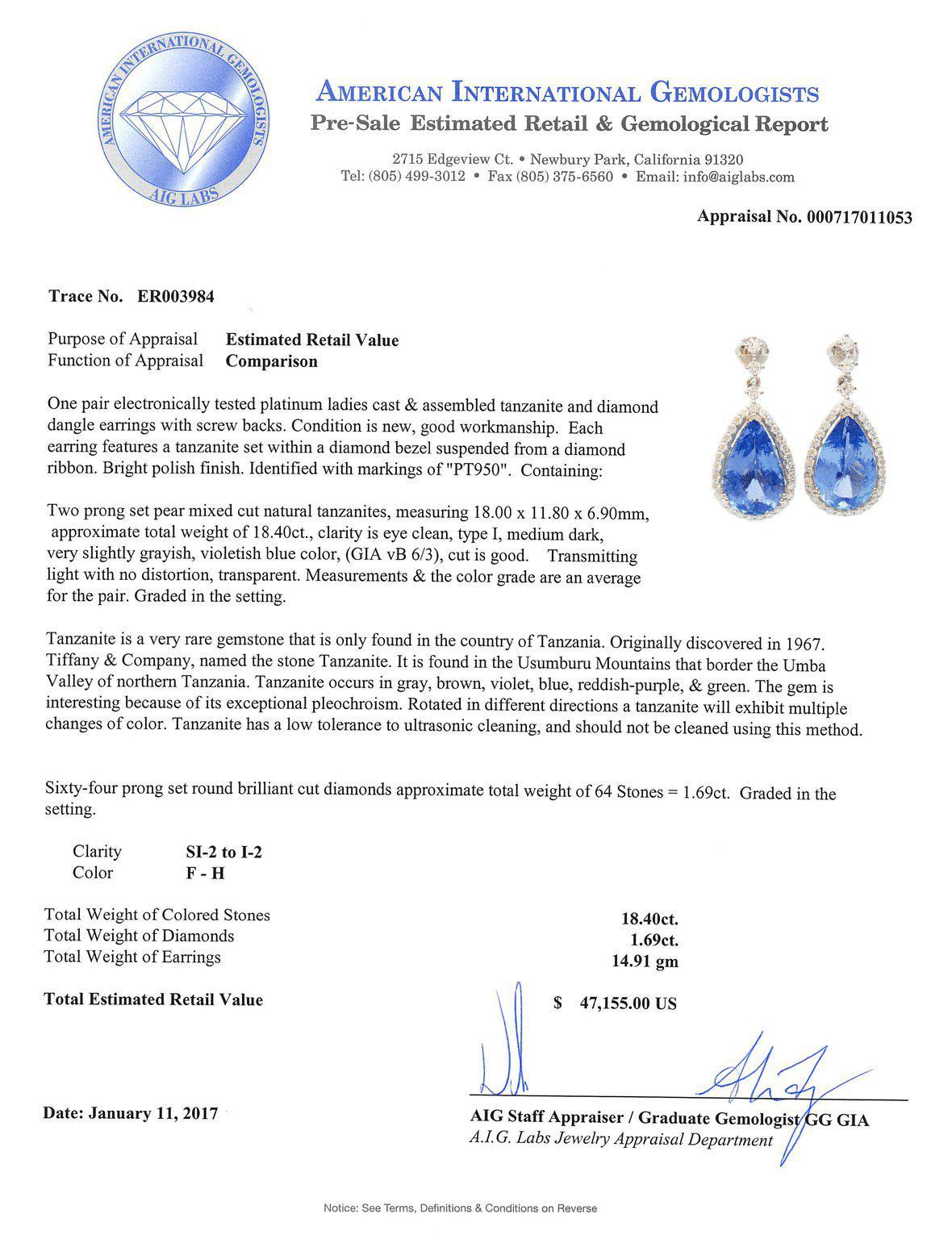 Pear Cut 18.40 Carat Tanzanite Platinum Dangle Earrings For Sale