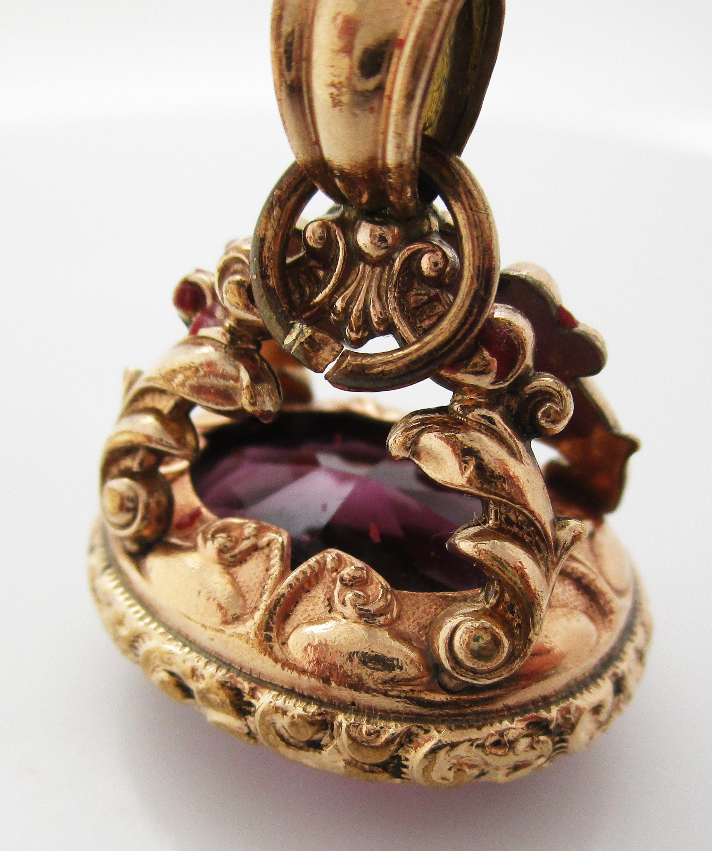Oval Cut 1840 Georgian Gold Filled Amethyst Watch Fob Pendant For Sale