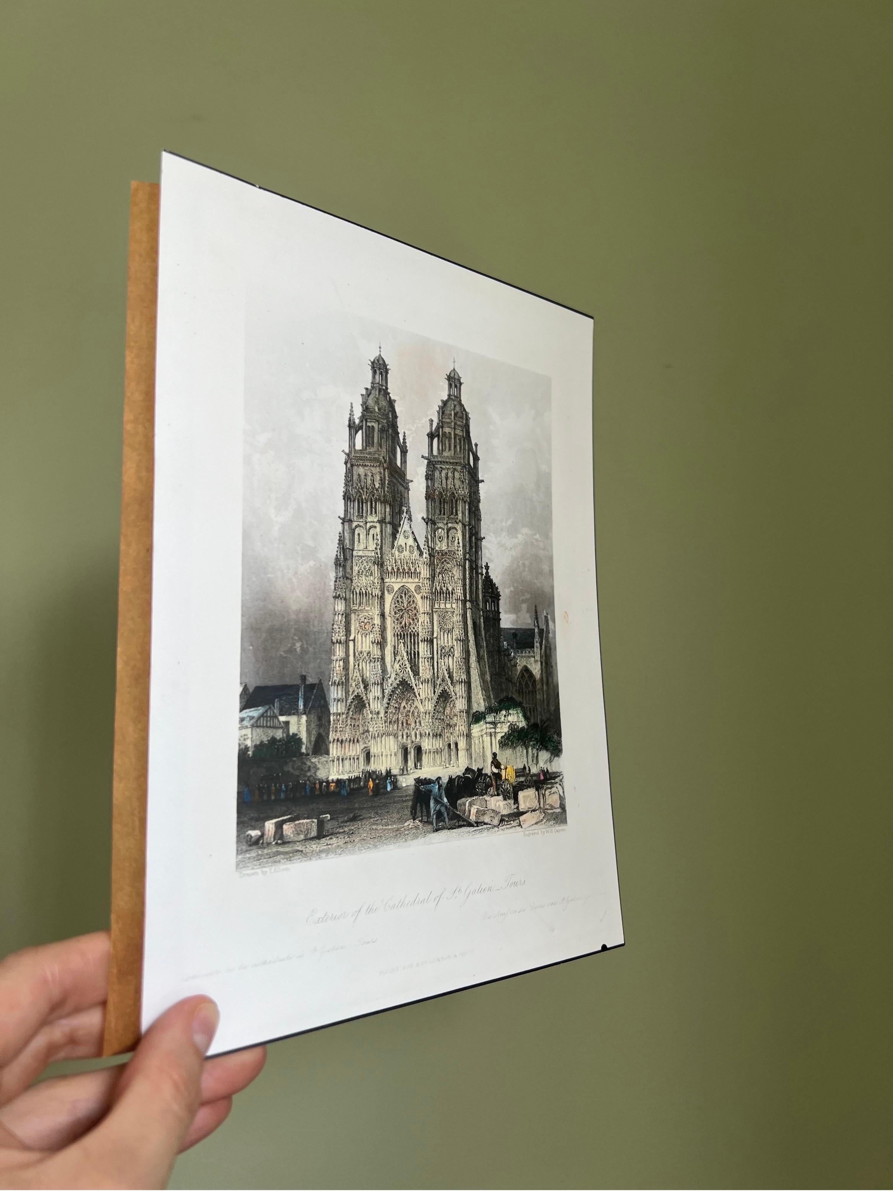 1840 Hand Colored Etching of Cathedral or St Gatien Tours France In Excellent Condition In Brooklyn, NY