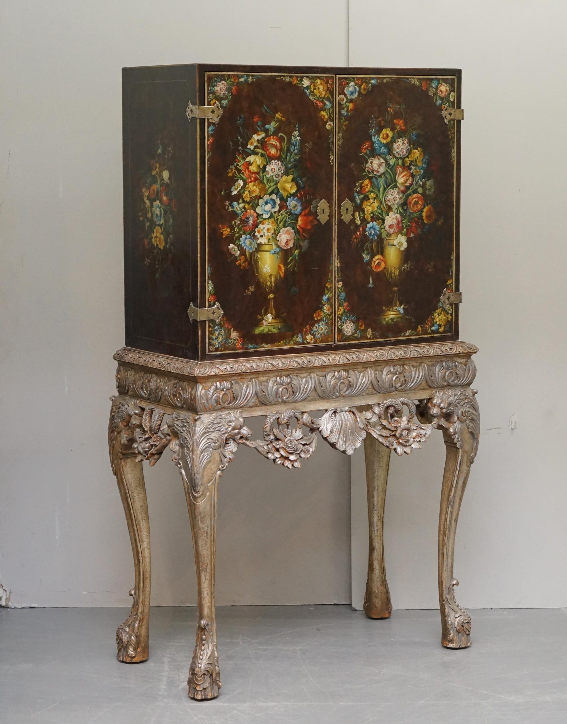 Early Victorian 1840 Italain Venetian Cabinet on Stand Polychrome Painted & Lion Heads Carvings For Sale