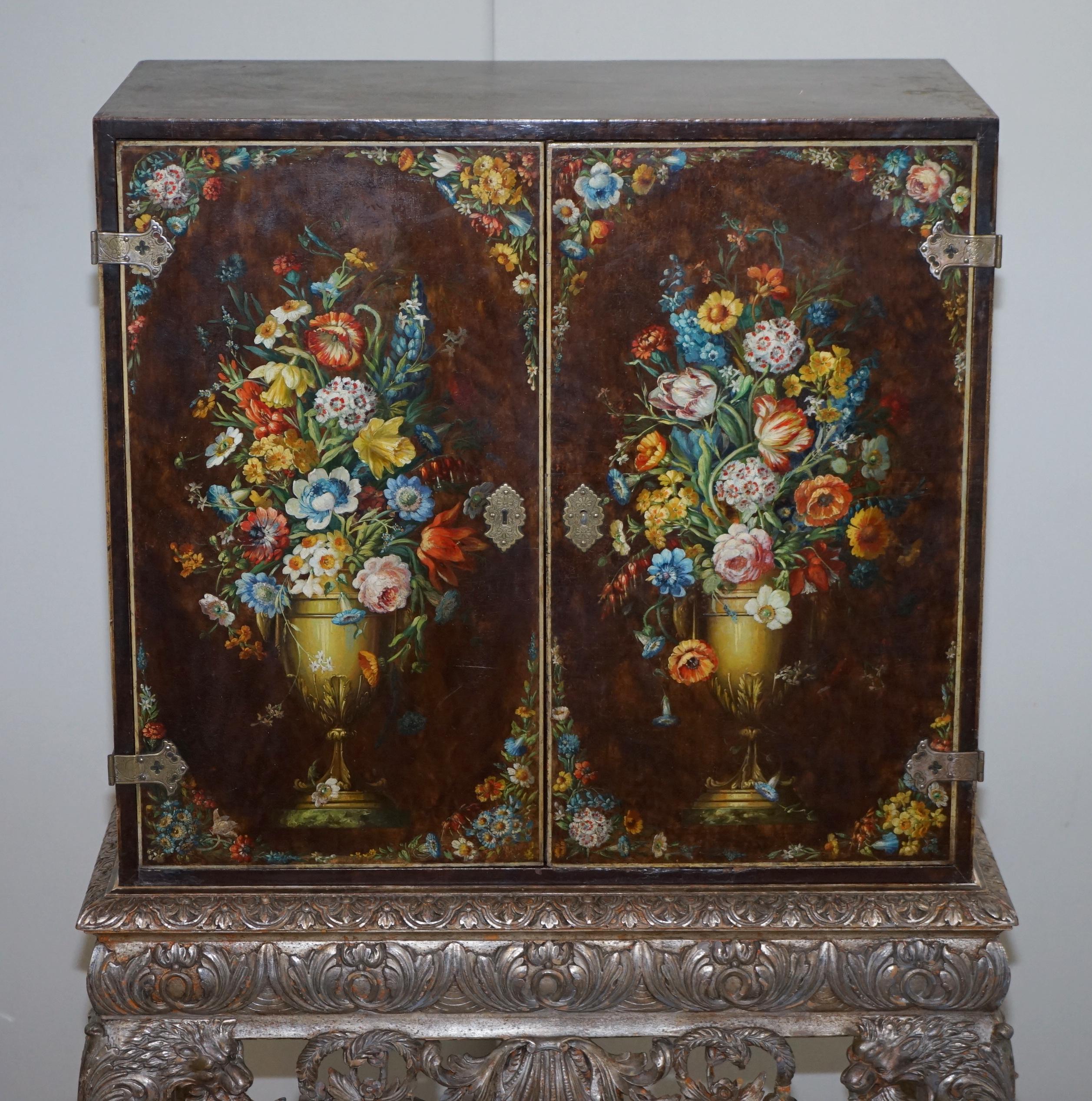 Italian 1840 Italain Venetian Cabinet on Stand Polychrome Painted & Lion Heads Carvings For Sale