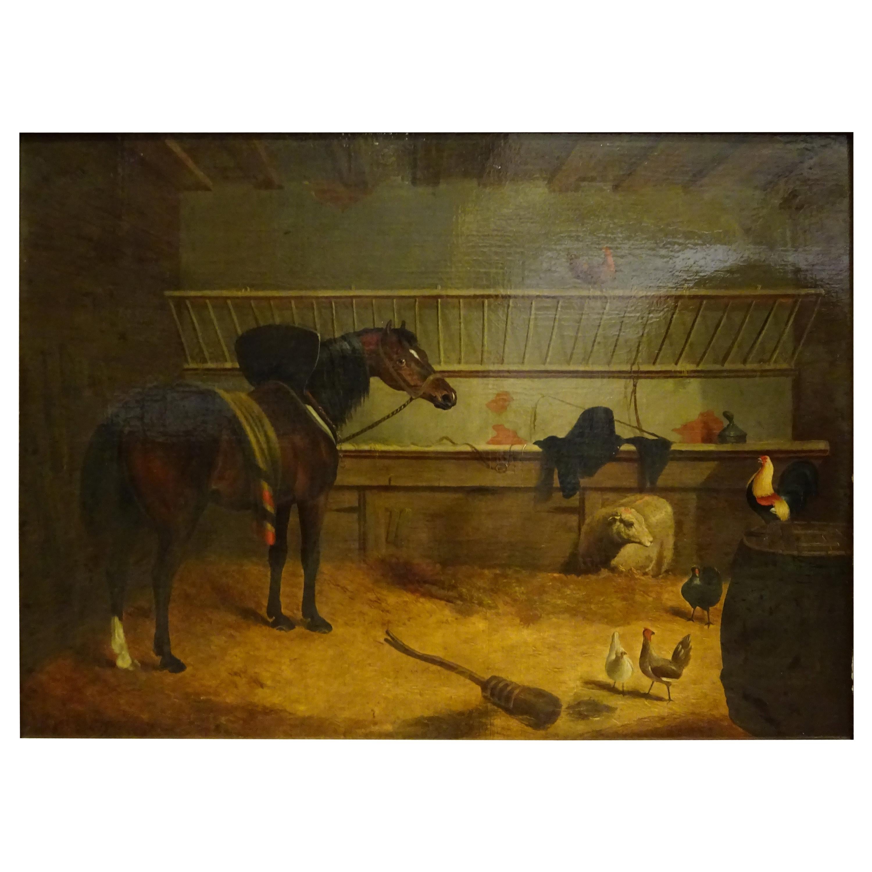 1840 Jhon Frederick Herring Sr  Oil on Canvas "Stable with Horse" EnglandSigned