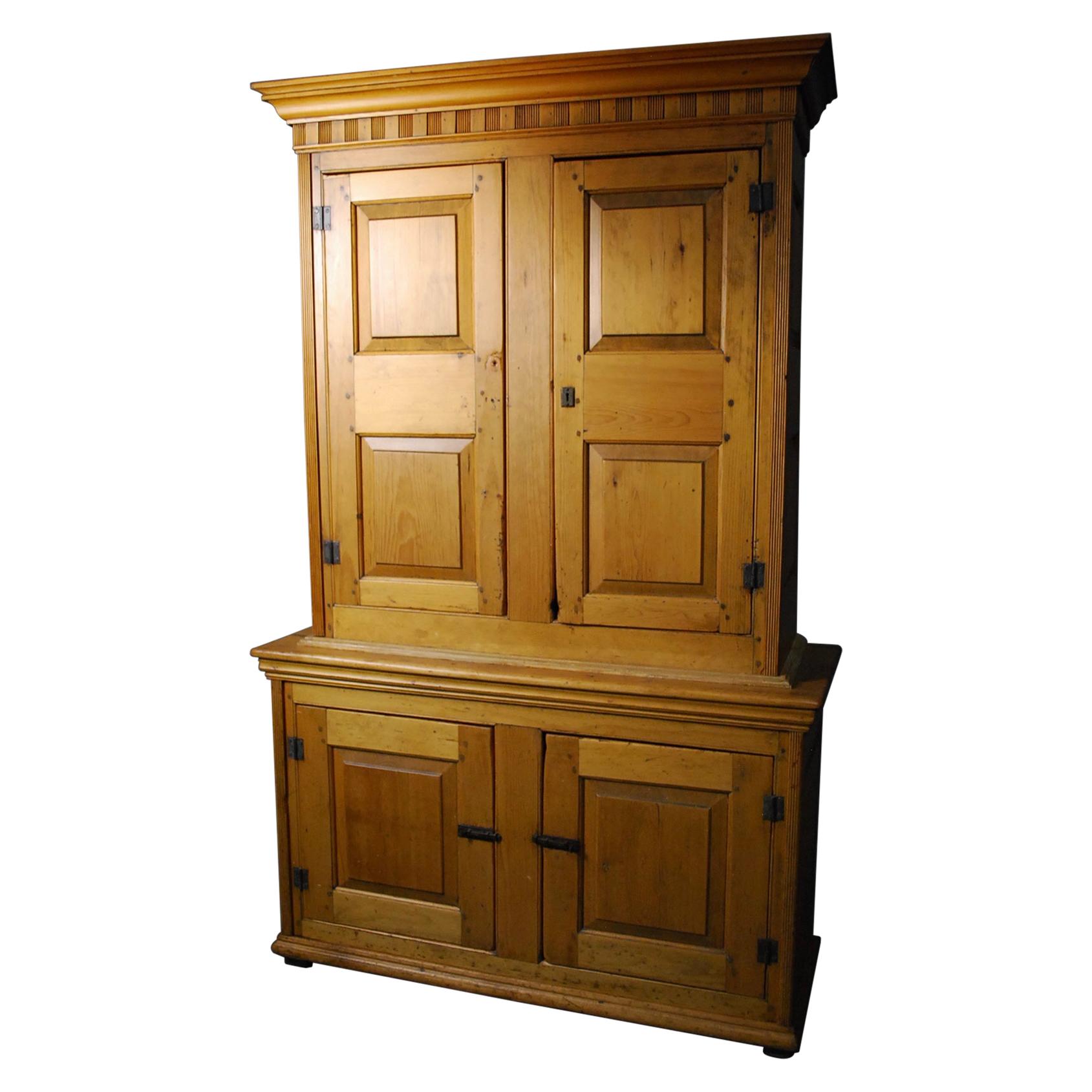 1840 Quebec Formal Country Pine Multi Panel Stepback Cupboard