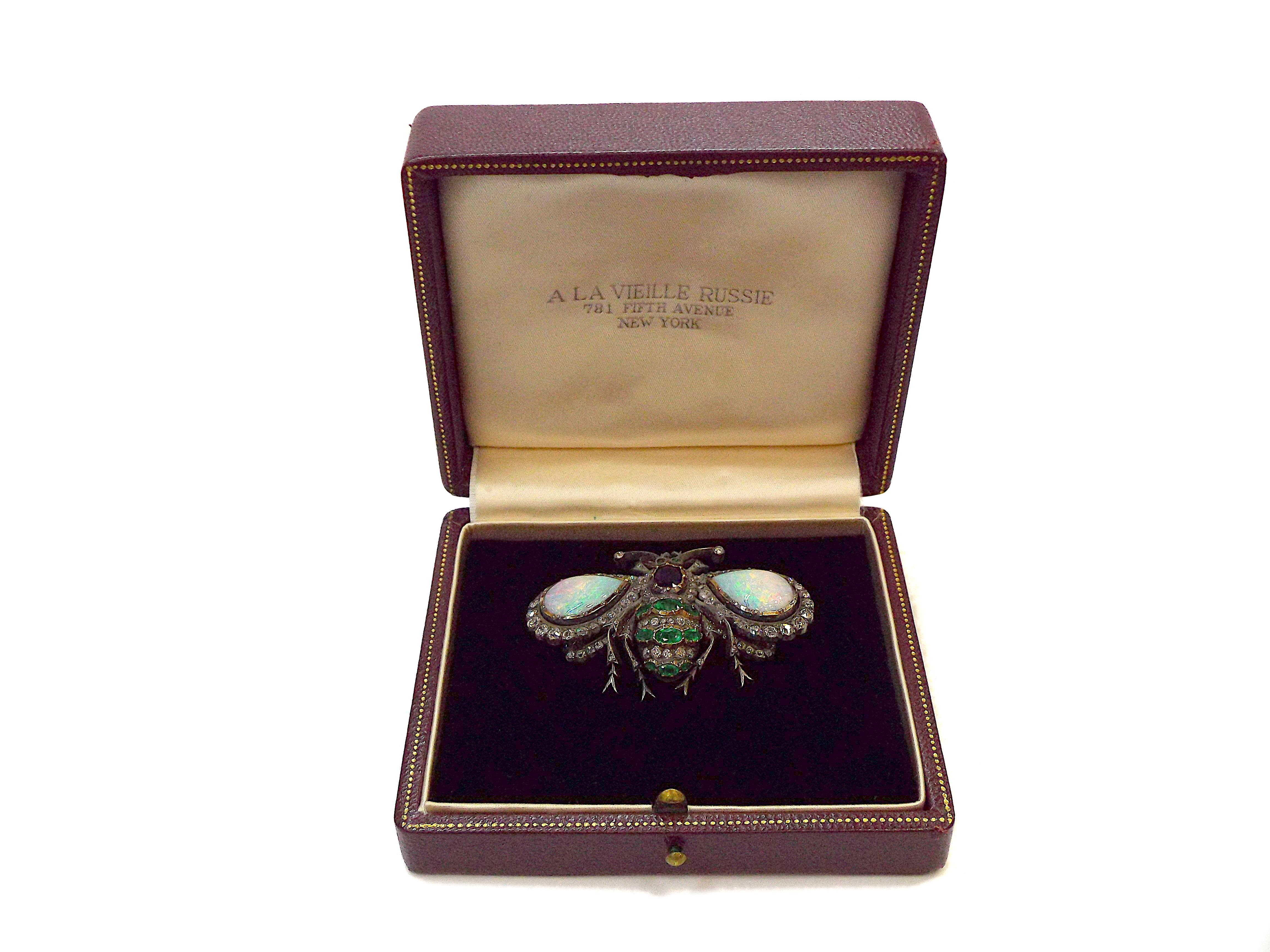 Women's 1840 Yellow Gold Silver Emerald 2.11ct Diamond Sapphire Ruby Opal Pendant Brooch