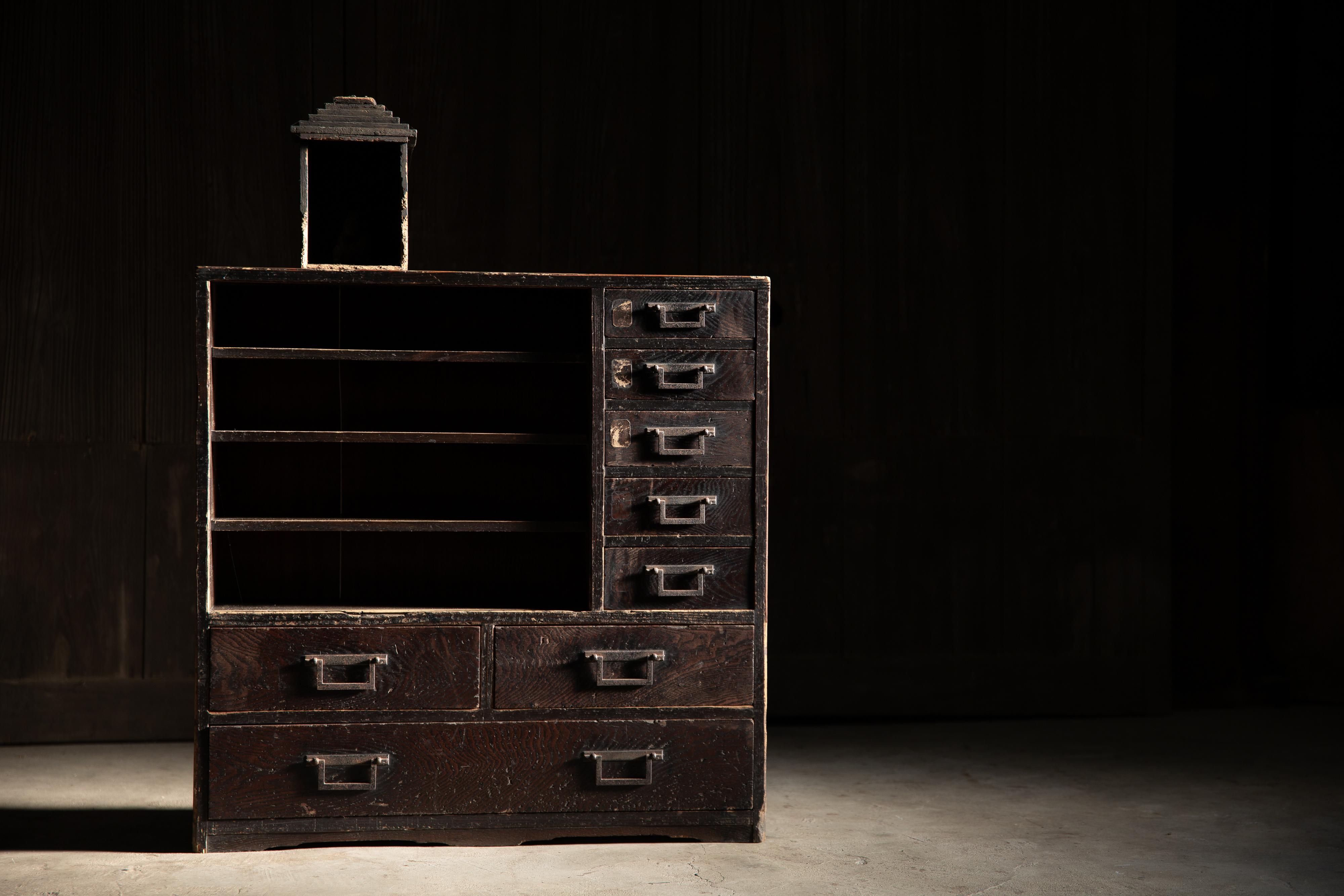 Lacquered 1840s-1860s Edo Japanese antique wabi sabi desk organizer Tansu chest of drawers For Sale