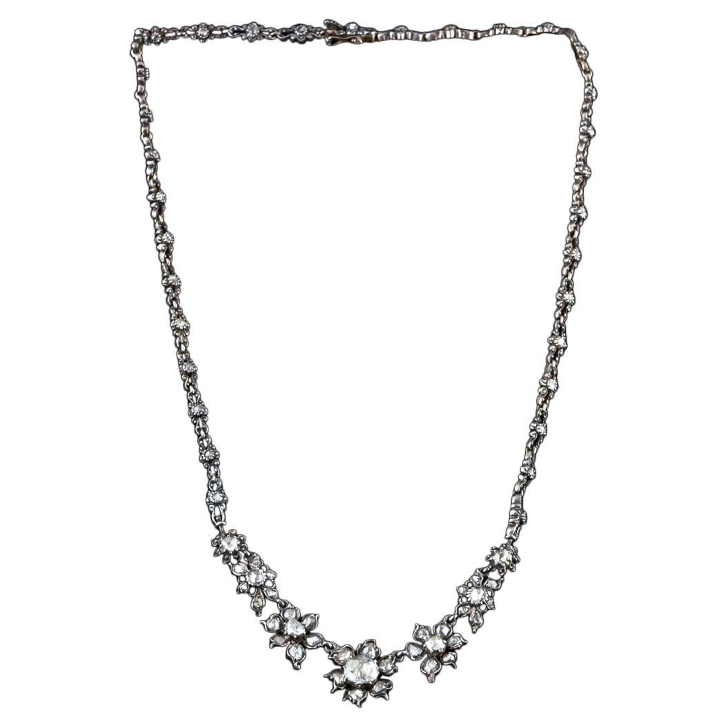 1840s 925 Silver and 18 Kt White Gold Necklace with Rose Cut Diamonds For Sale