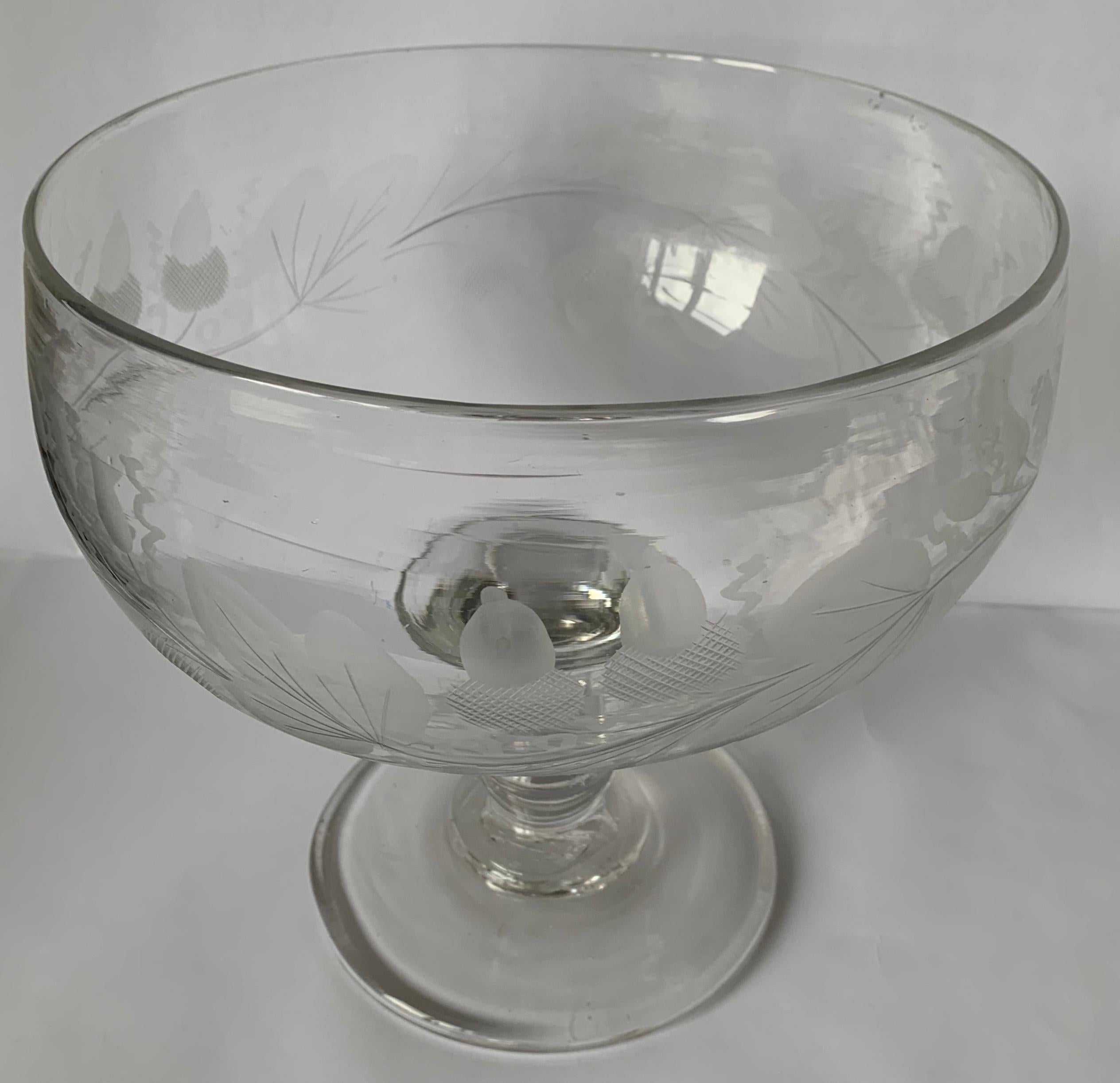 Etched 1840s Antique American Engraved Lead Blown Glass Footed Compote