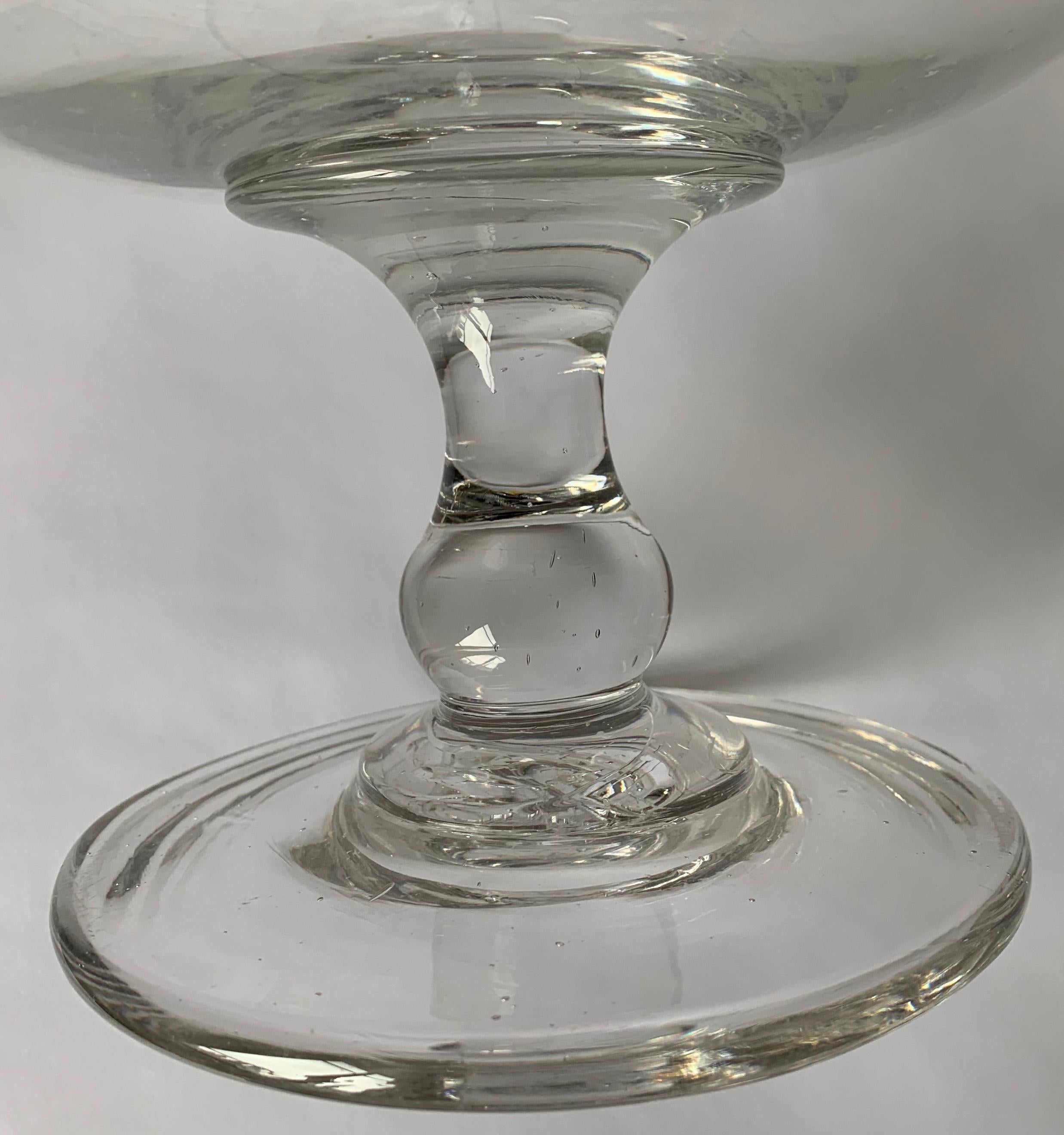 Mid-19th Century 1840s Antique American Engraved Lead Blown Glass Footed Compote For Sale