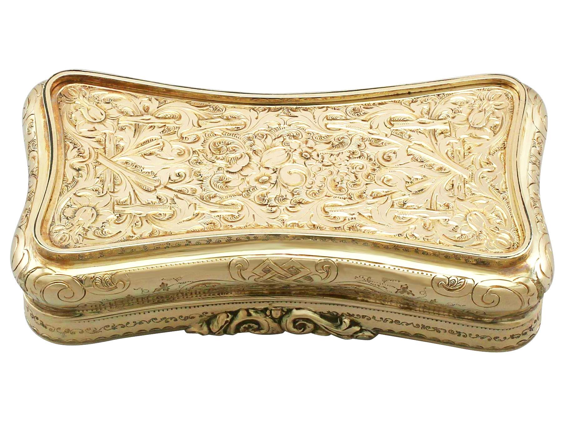 Engraved 1840s Antique Swiss Yellow Gold and Enamel Snuff Box