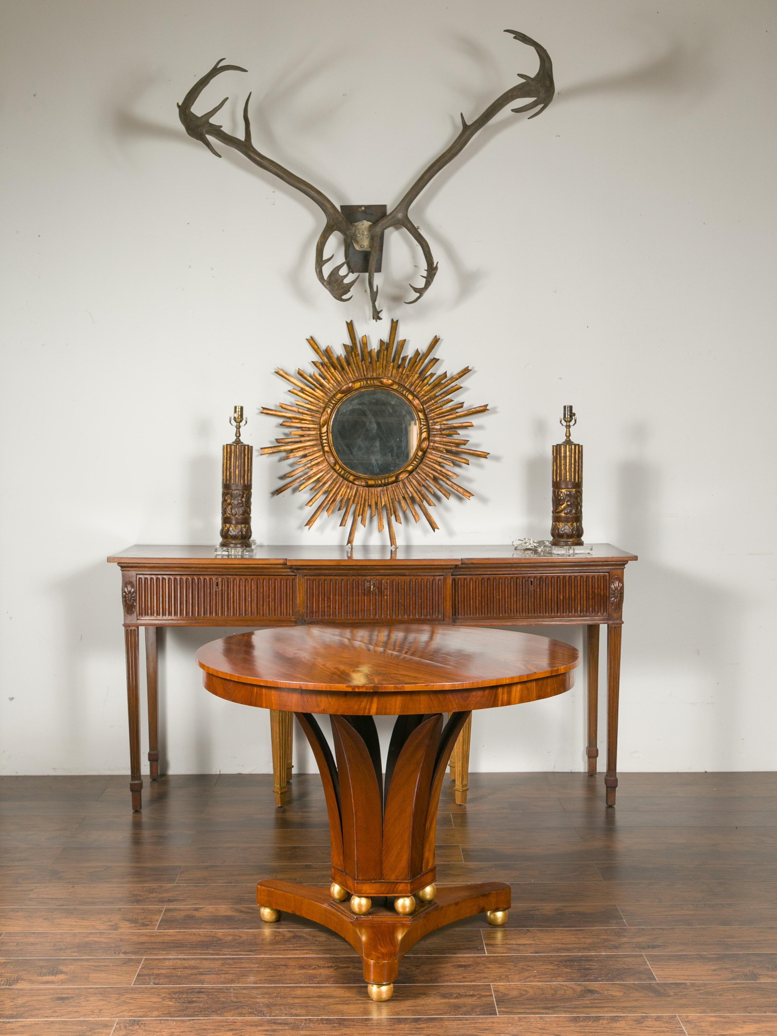 1840s Austrian Biedermeier Walnut Table with Foliage Base and Gilt Spheres In Good Condition In Atlanta, GA