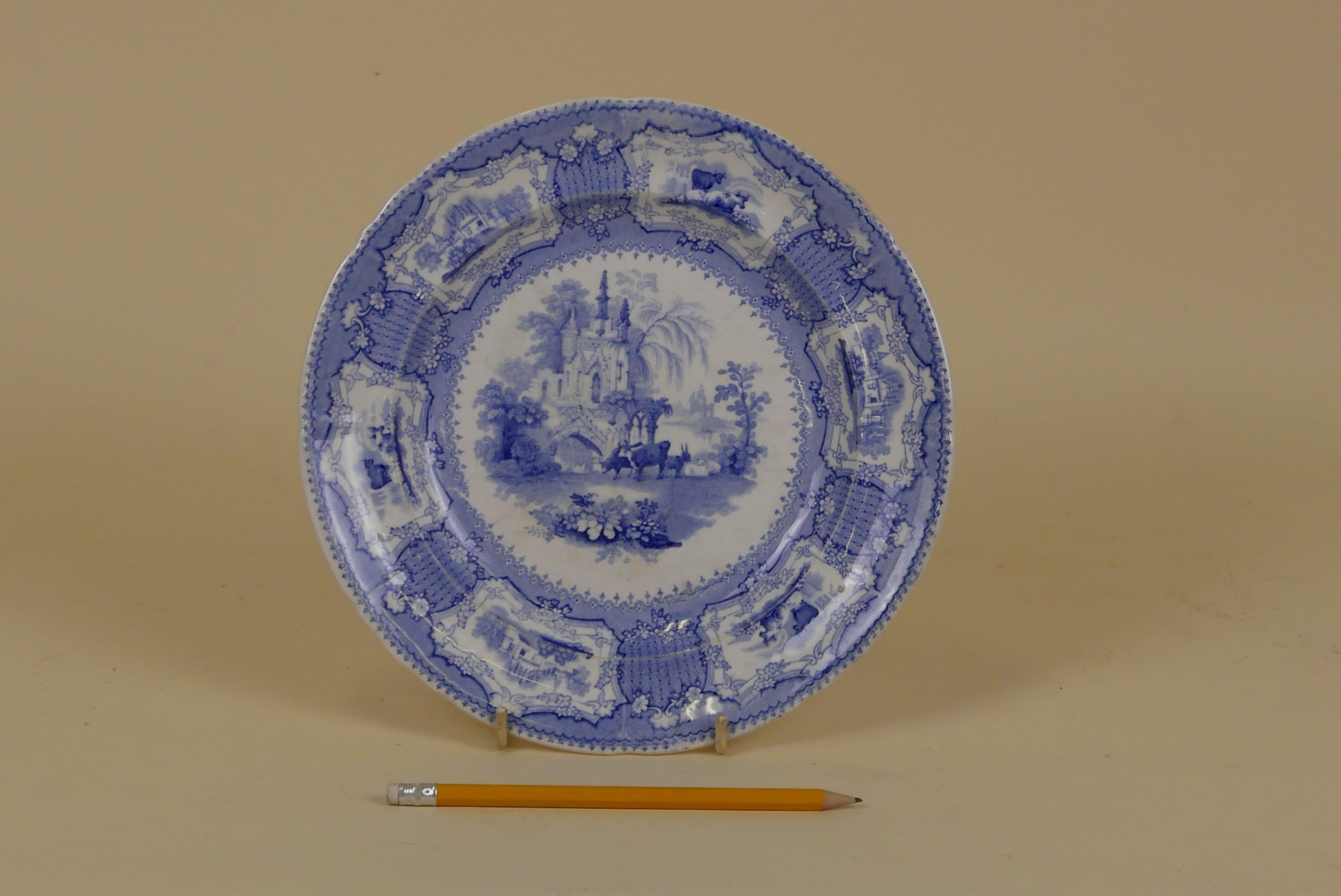 Early Victorian antique English light blue and white transfer dinner plate made in Staffordshire and printed in the 