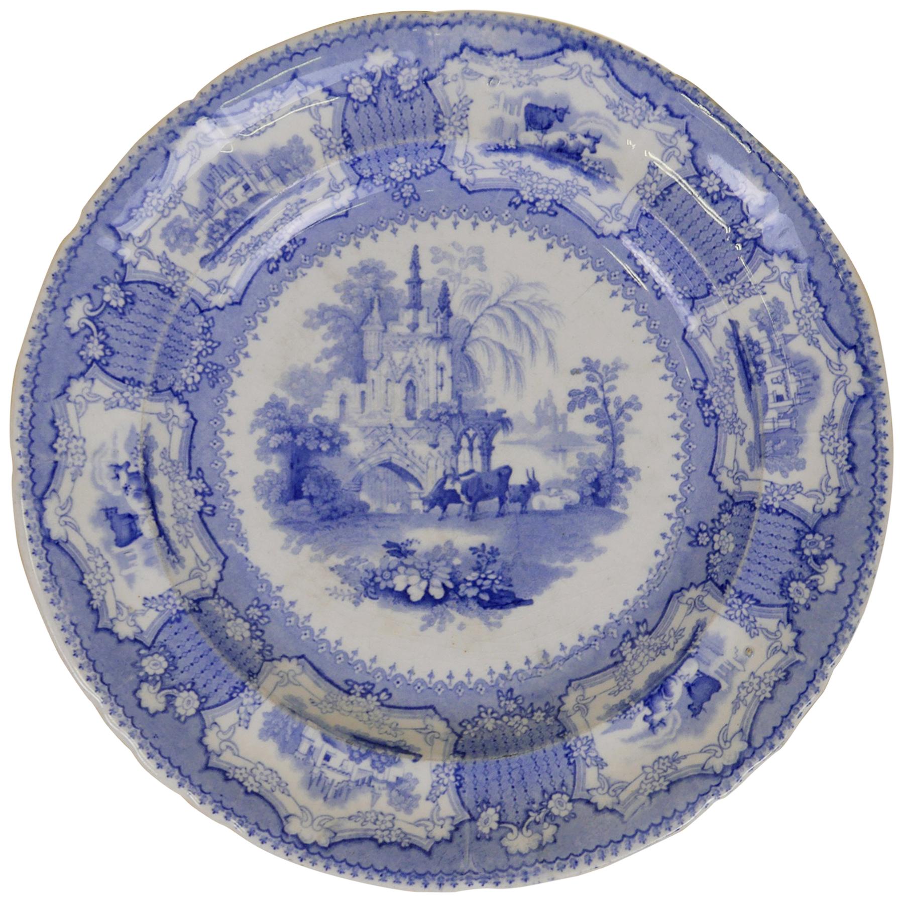 1840s English Blue and White Transfer Earthenware Arcadia Pattern Dinner Plate For Sale