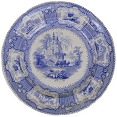 Antique 1840s English Blue and White Transfer Earthenware Arcadia Pattern Dinner Plate