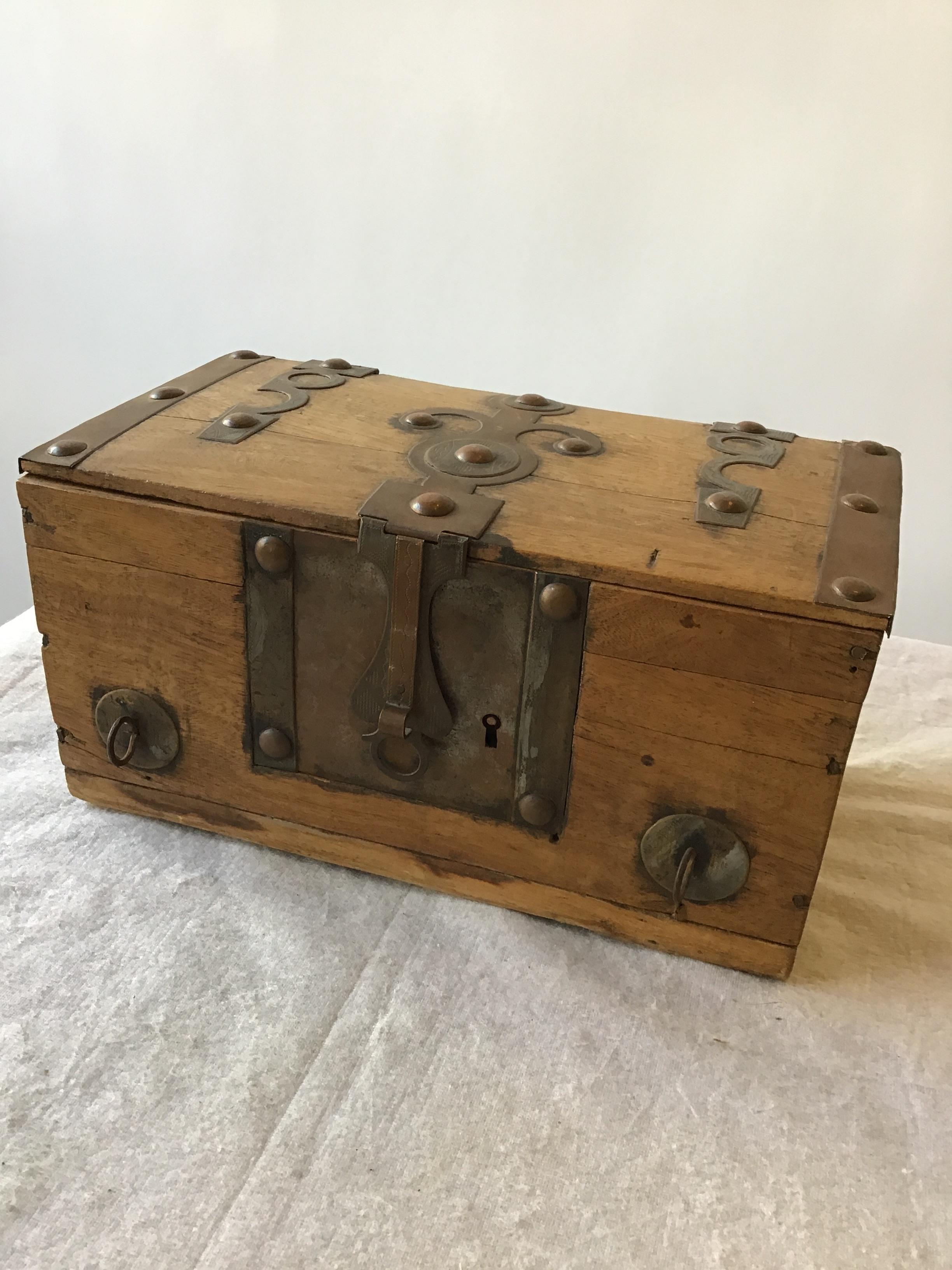 1840s wood European document box with iron ornamentation.