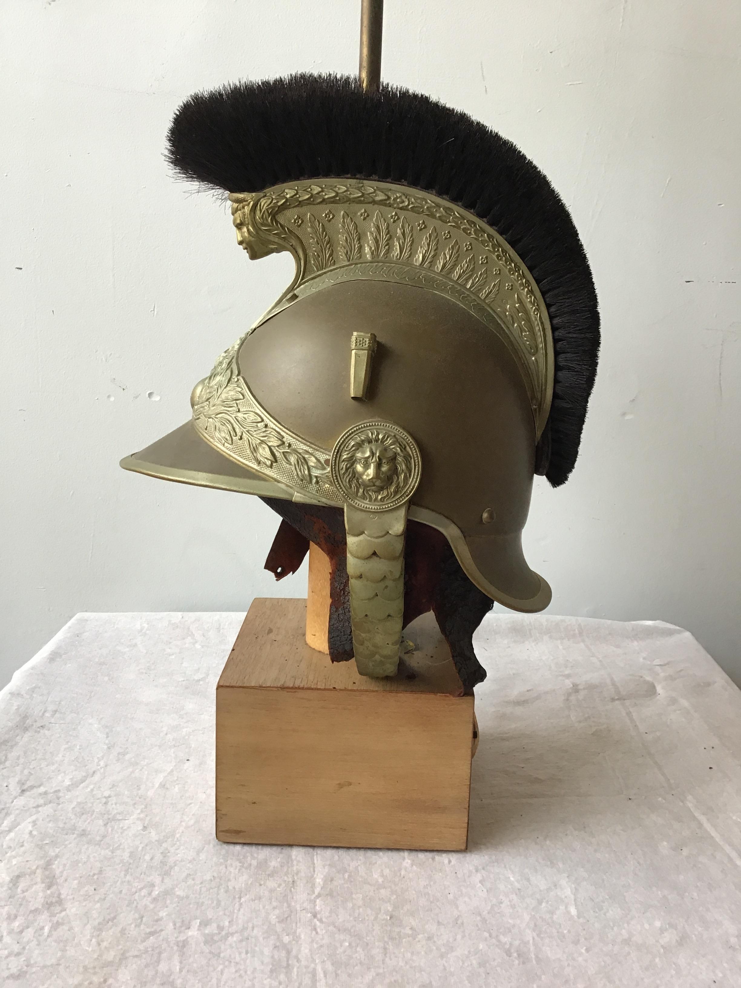 Brass 1840s French Fireman’s Helmet Lamp on Base For Sale