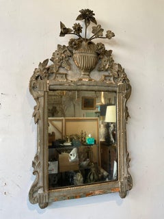 1840s  Grey Painted Carved Wood French Mirror With Metal Flowers