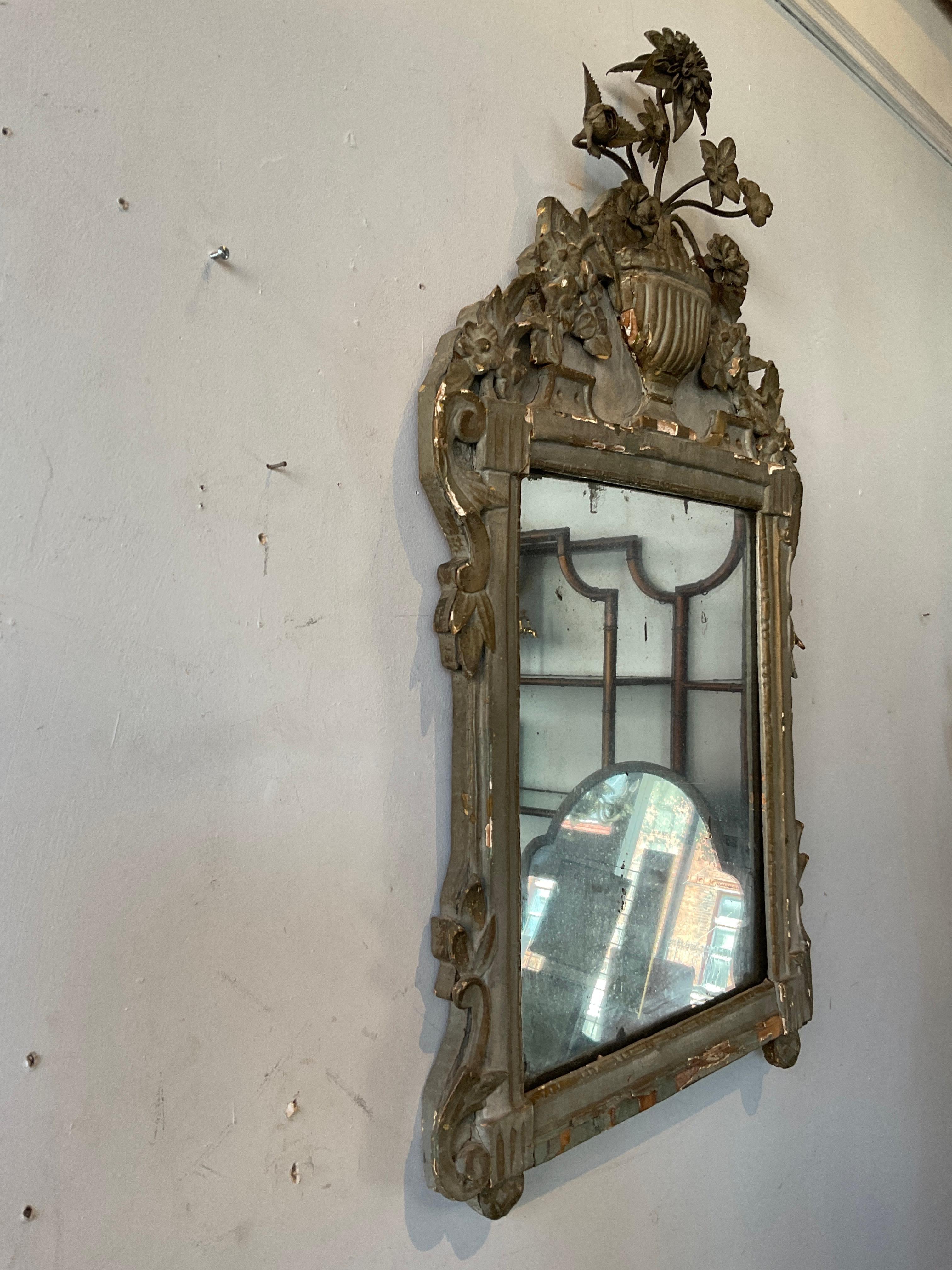 1840s  Grey Painted Carved Wood French Mirror With Metal Flowers 1