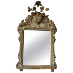 Antique 1840s  Grey Painted Carved Wood French Mirror With Metal Flowers