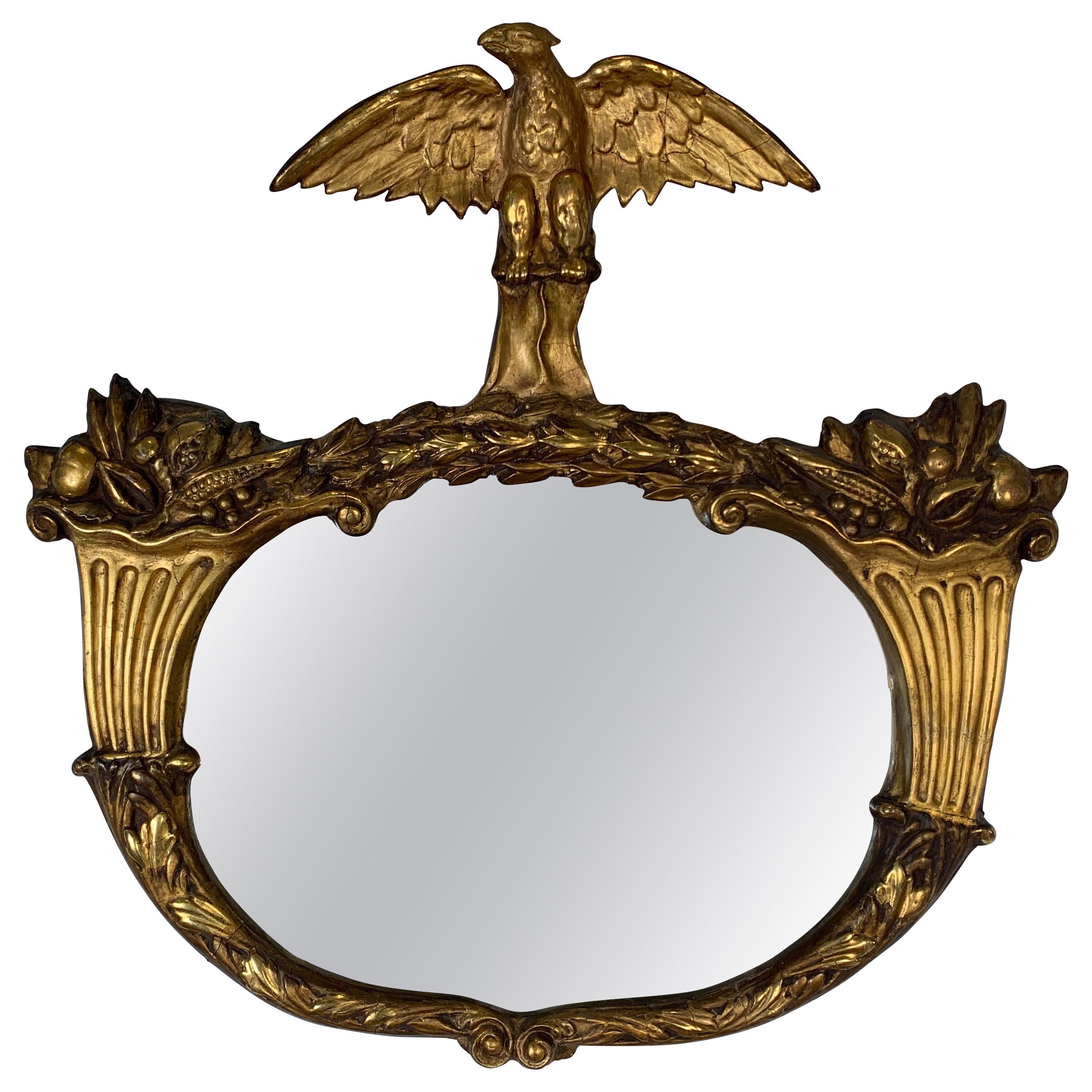 1840s Period Giltwood and Gesso Americana Mirror with Eagle & Cornucopia Design