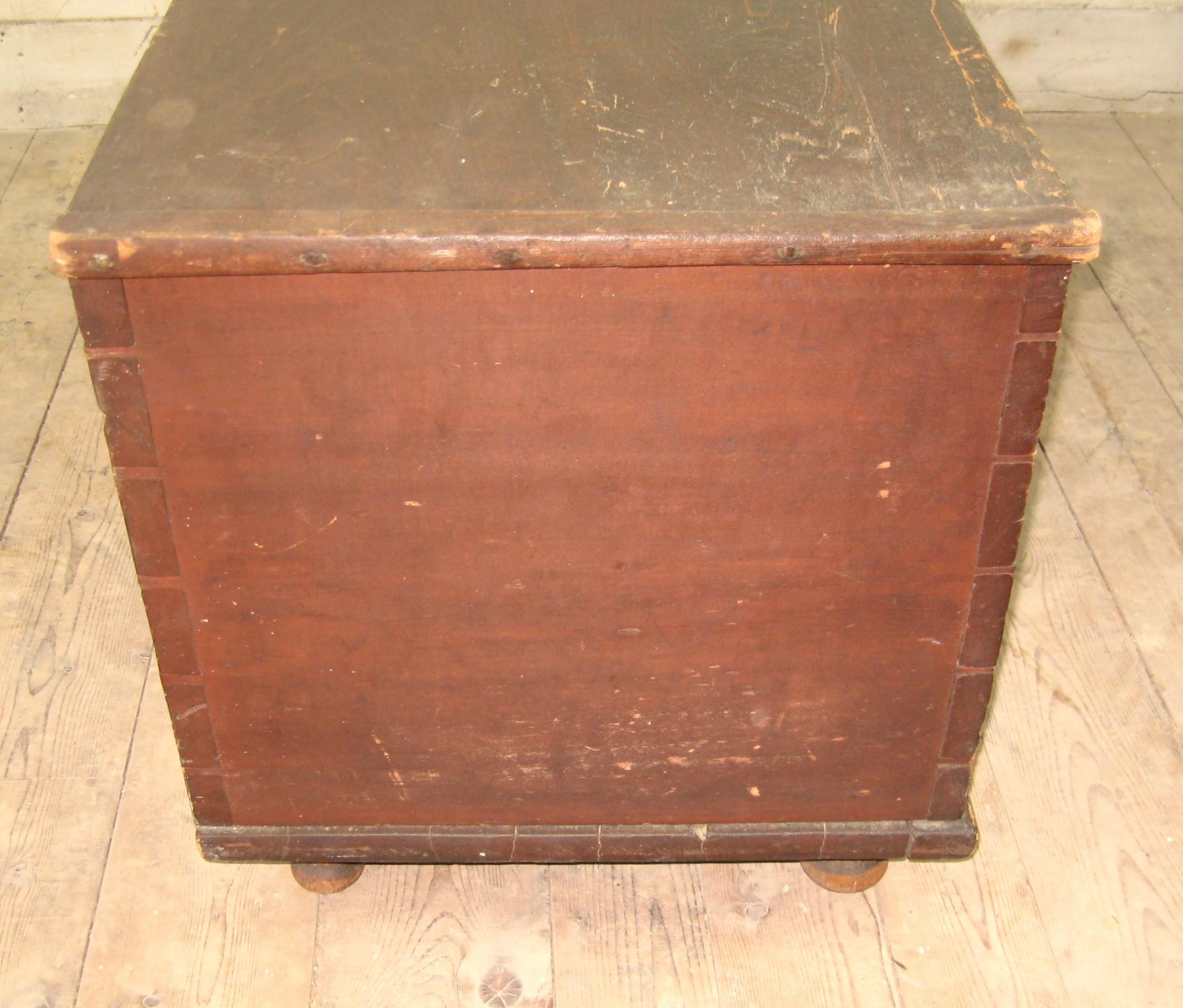 19th Century 1840's Primitive Red 6 Board Pine blanket chest For Sale