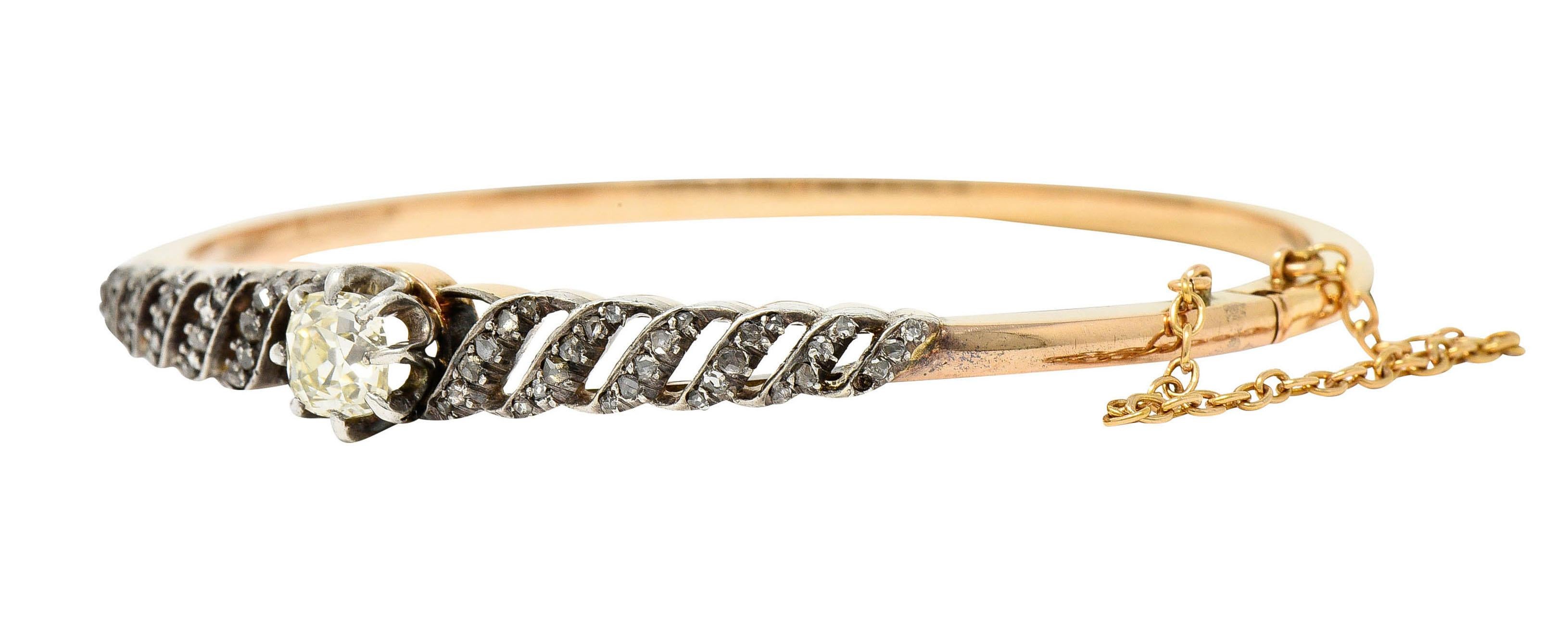 1840's Victorian Old Mine Diamond Silver Topped 18 Karat Gold Bangle Bracelet 3