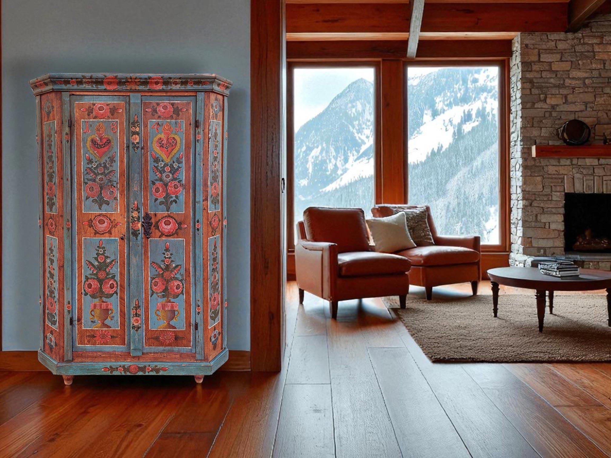 Peint 1841 Armoire peinte à motifs floraux bleus - Alpes européennes en vente