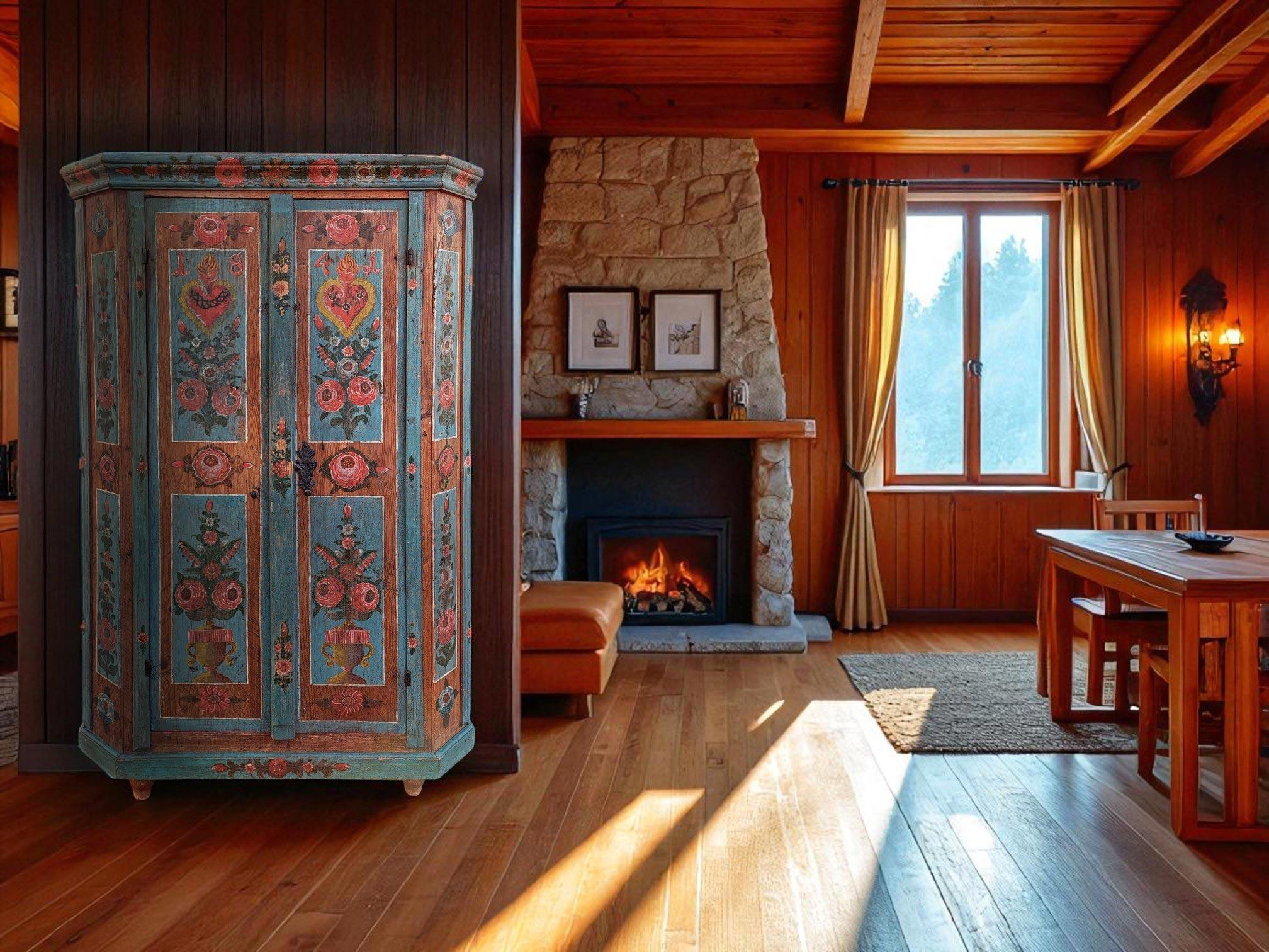 1841 Armoire peinte à motifs floraux bleus - Alpes européennes Bon état - En vente à Vo', Veneto
