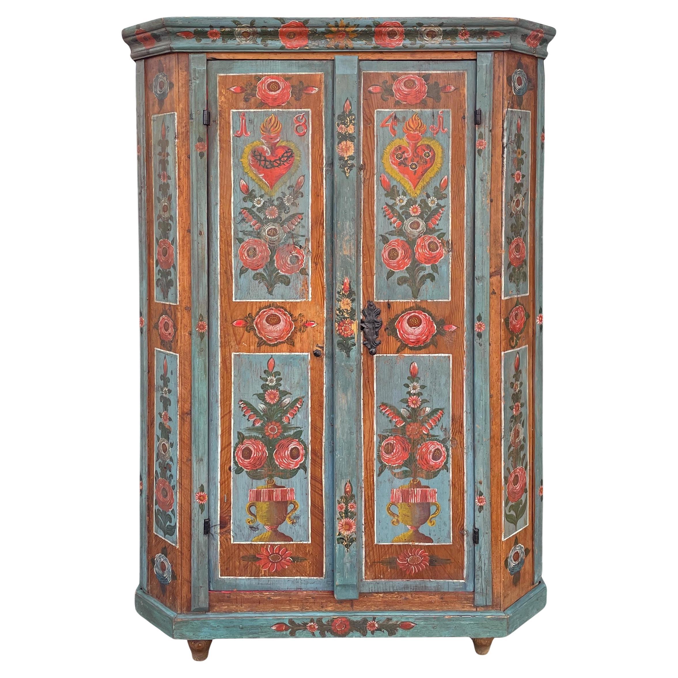 1841 Blue Floral Painted Cupboard - European Alps