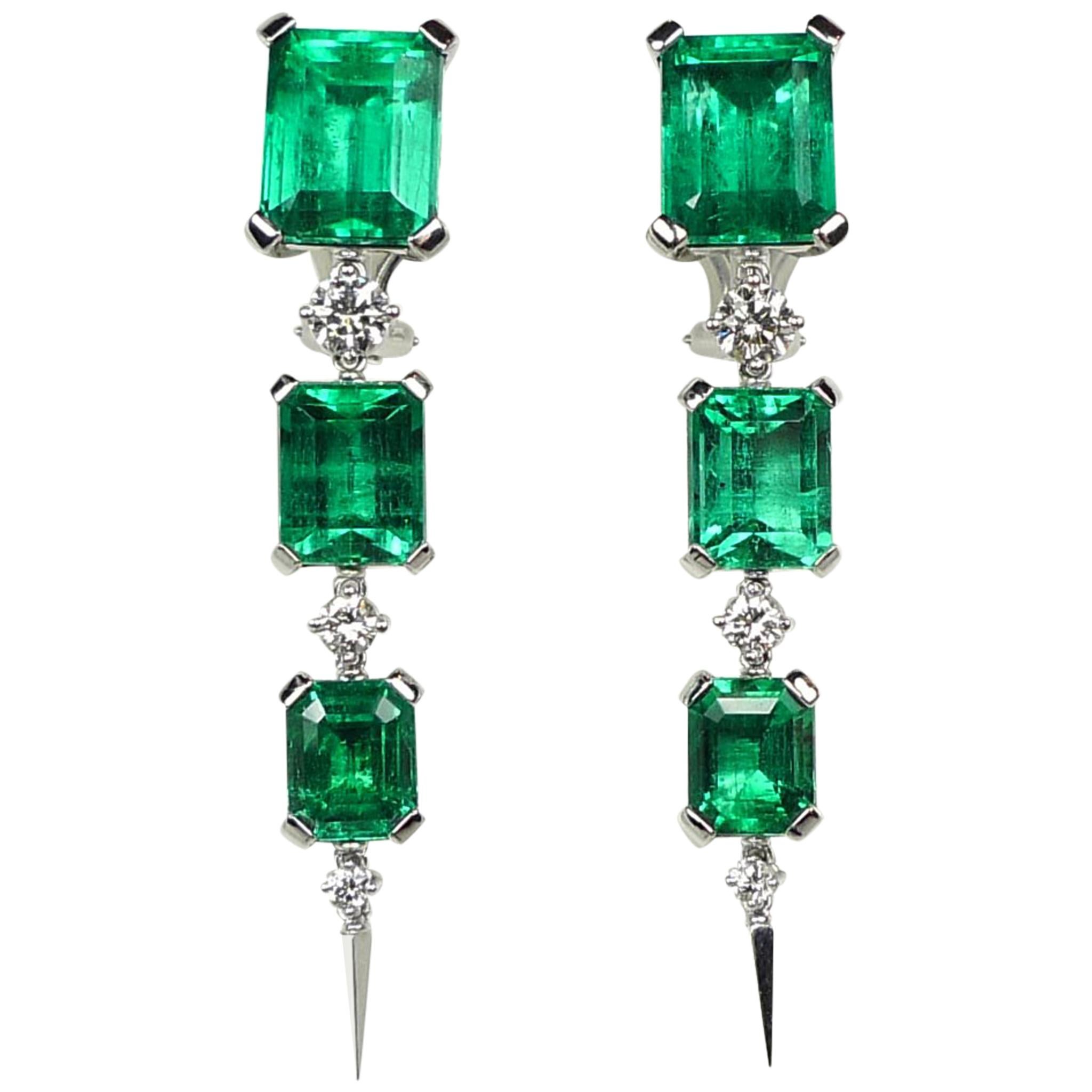 18.41 Carat Natural Colombian Emerald White Gold Diamond Earrings For Sale