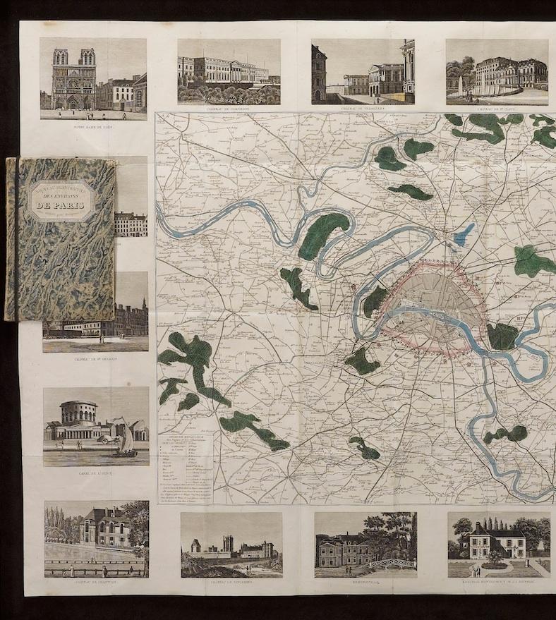 This beautiful hand-colored road map of Paris was published in 1841. The map shows Paris and the surrounding area in a folding pocket map. Organized and detailed for travelers, this map shows rivers, towns, parks, and numbered roadways. Along the