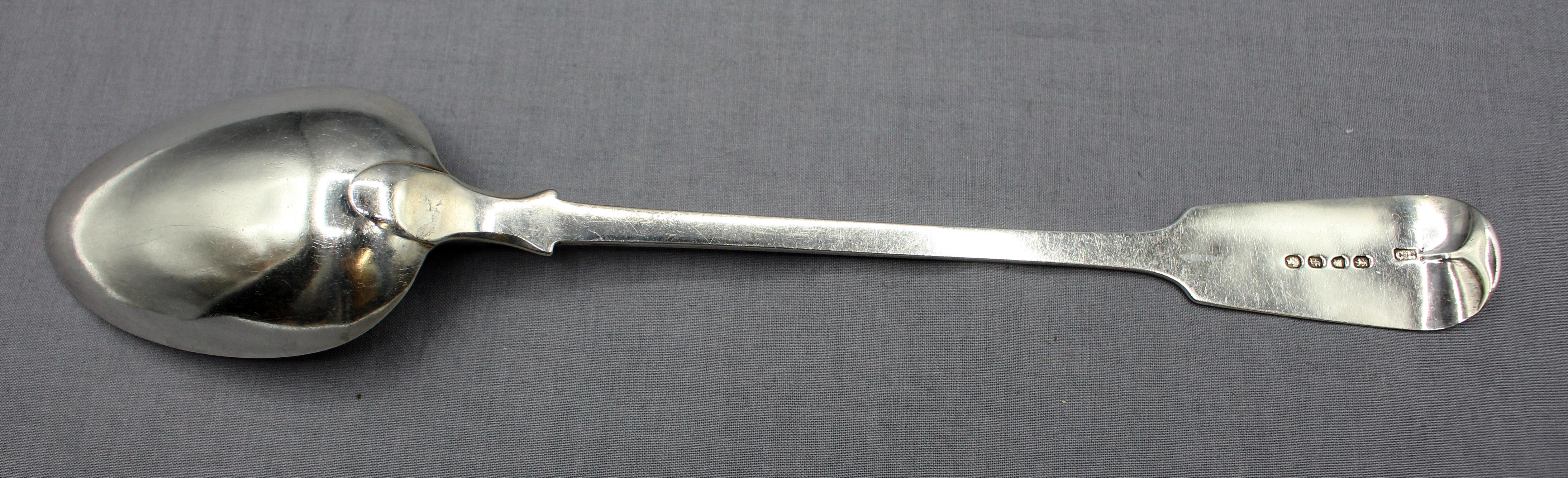 London, 1841, fiddleback sterling silver basting spoon. Apprentice marks of Charles Lias. Shop at 65 Crown St., Finsbury Square. With chamfered edges & shoulder, it is a fine example of the George III period. Monogram 