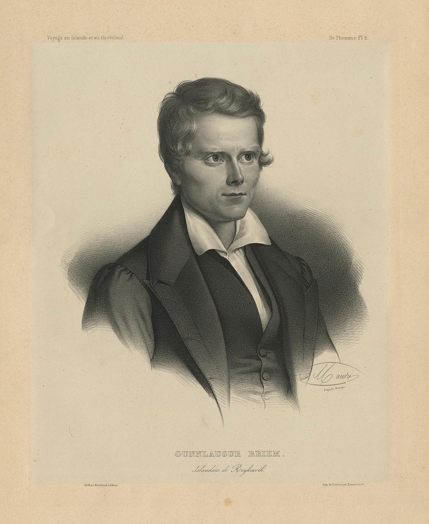 1842 Retrato antiguo - Gunnlaugur Briem, estudiante islandés en Reikiavik Papel en venta