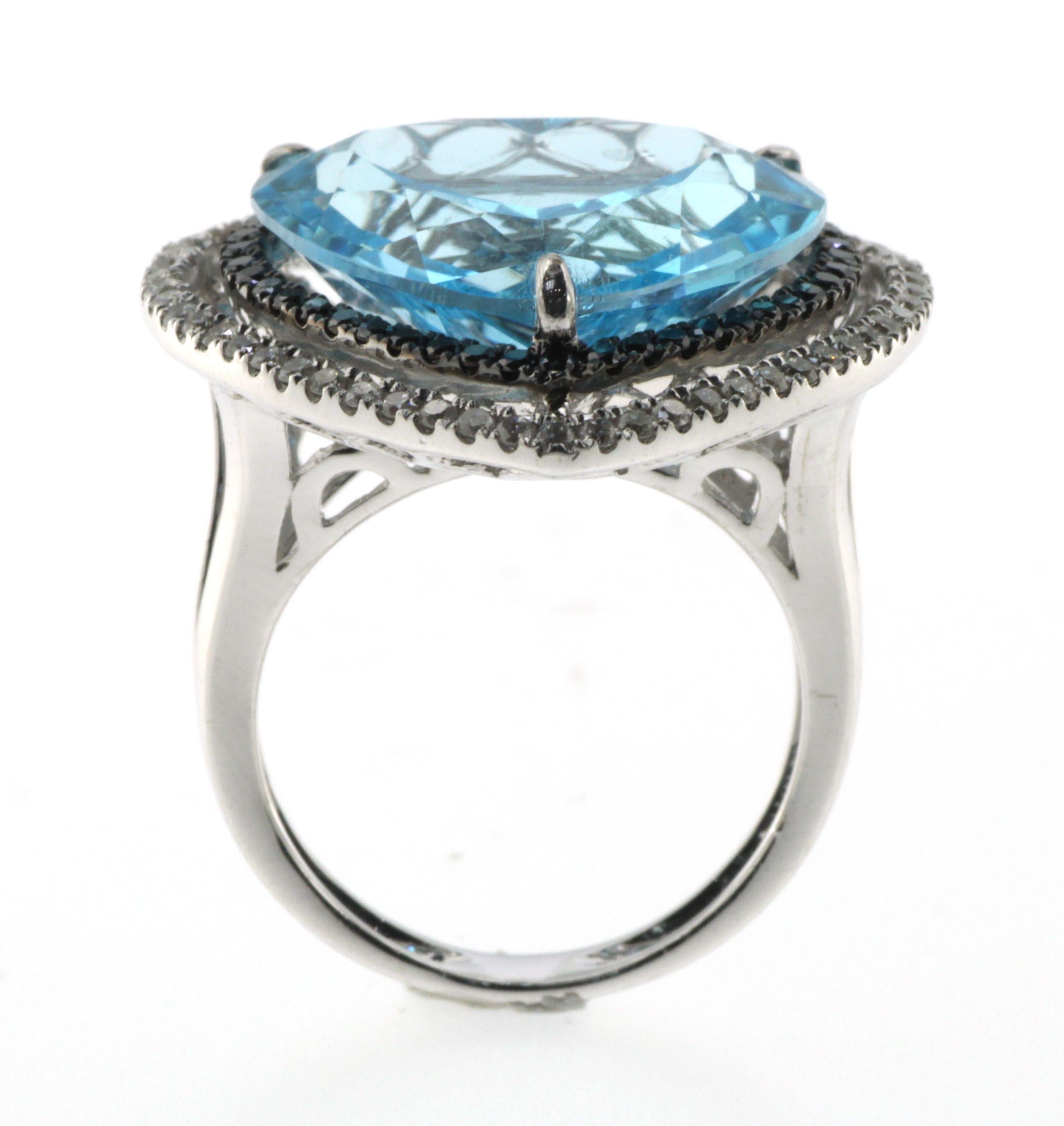 Women's 18.42Carat Blue Topaz Heart Cut Diamond Cocktail Ring in 18 Karat White Gold For Sale